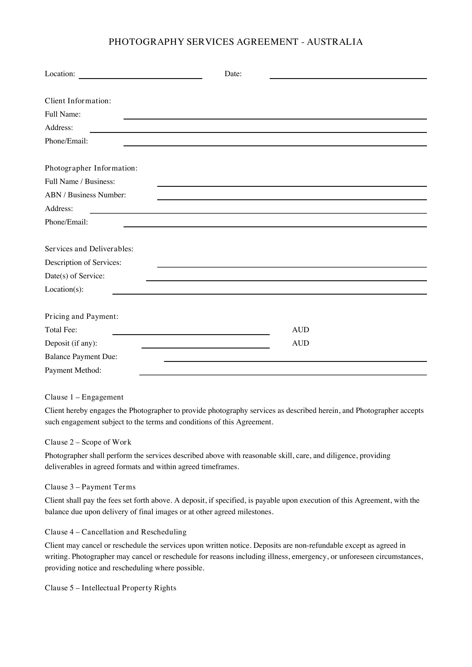 Photography Contract Australia Template - US