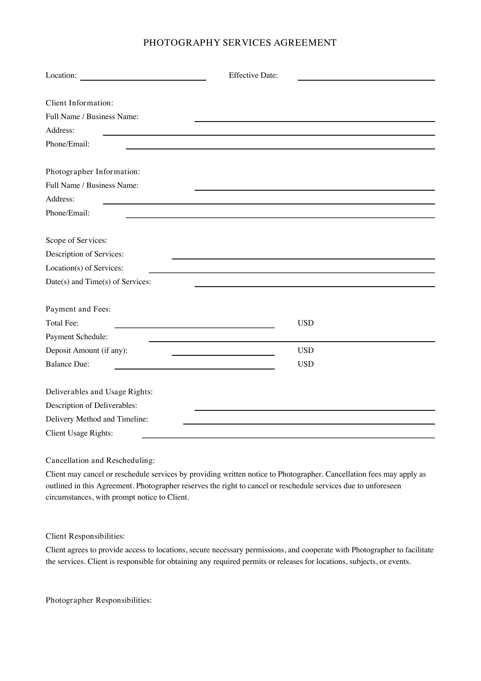 Photography Services Contract Template - US