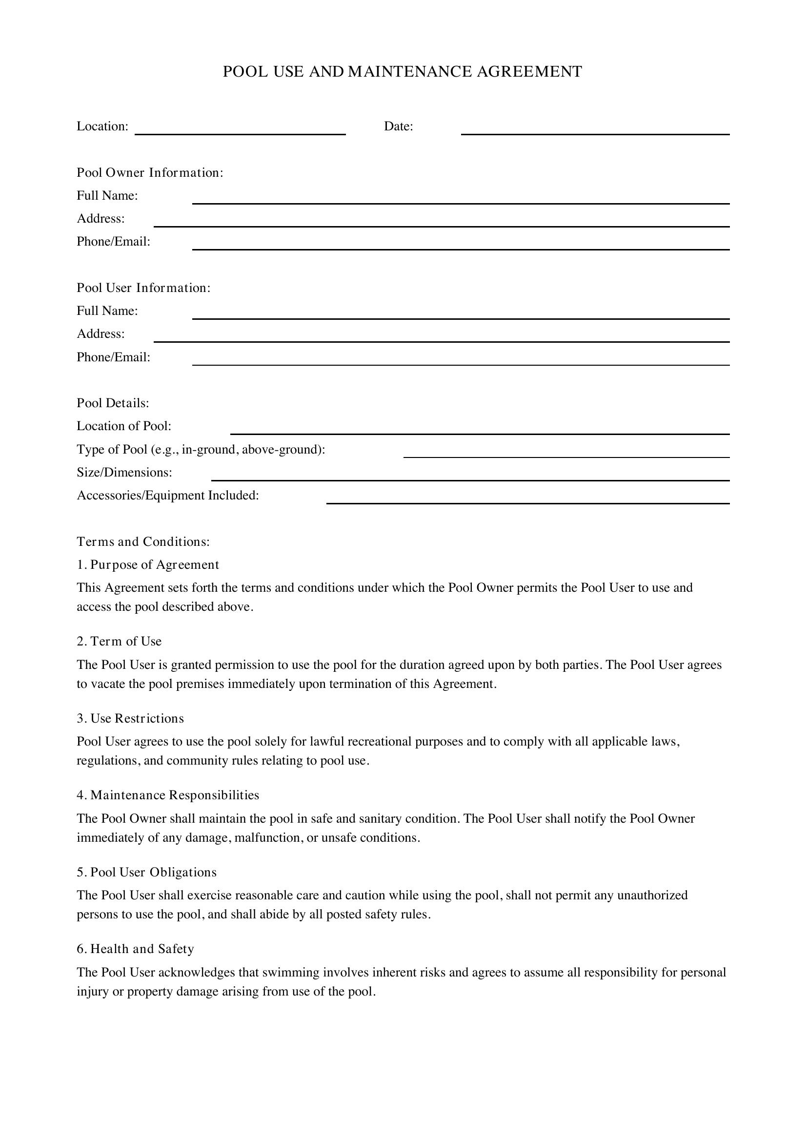 Pool Contract Template - US