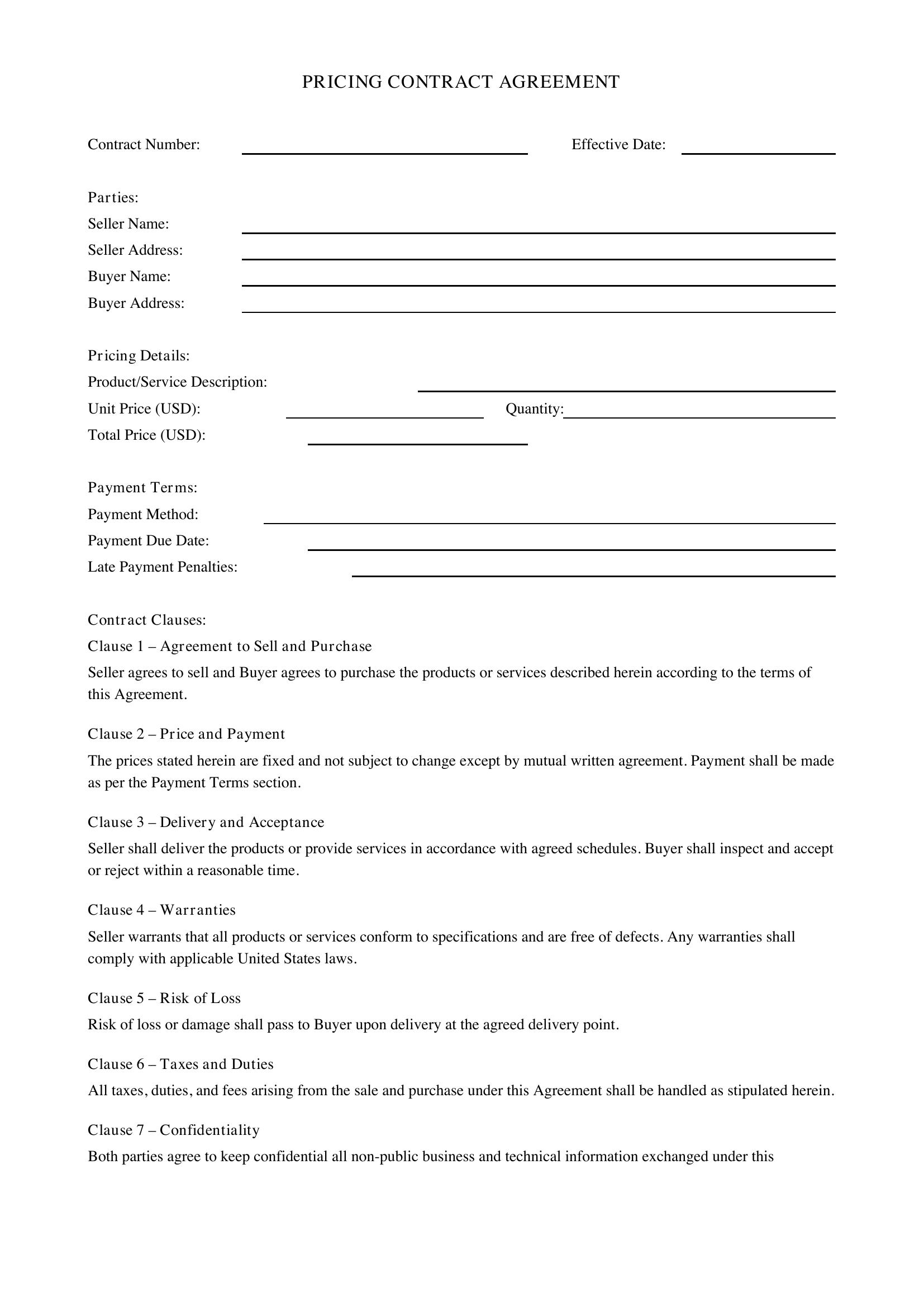 Pricing Contract Template - US