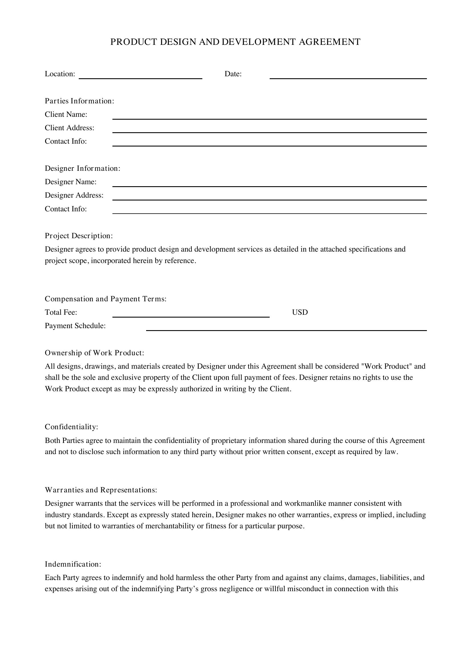 Product Design Contract Template - US
