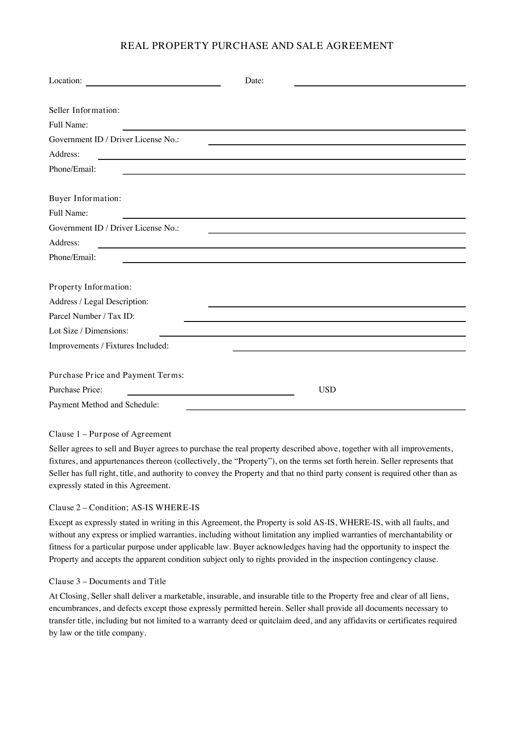 Property Sale Contract Template - US