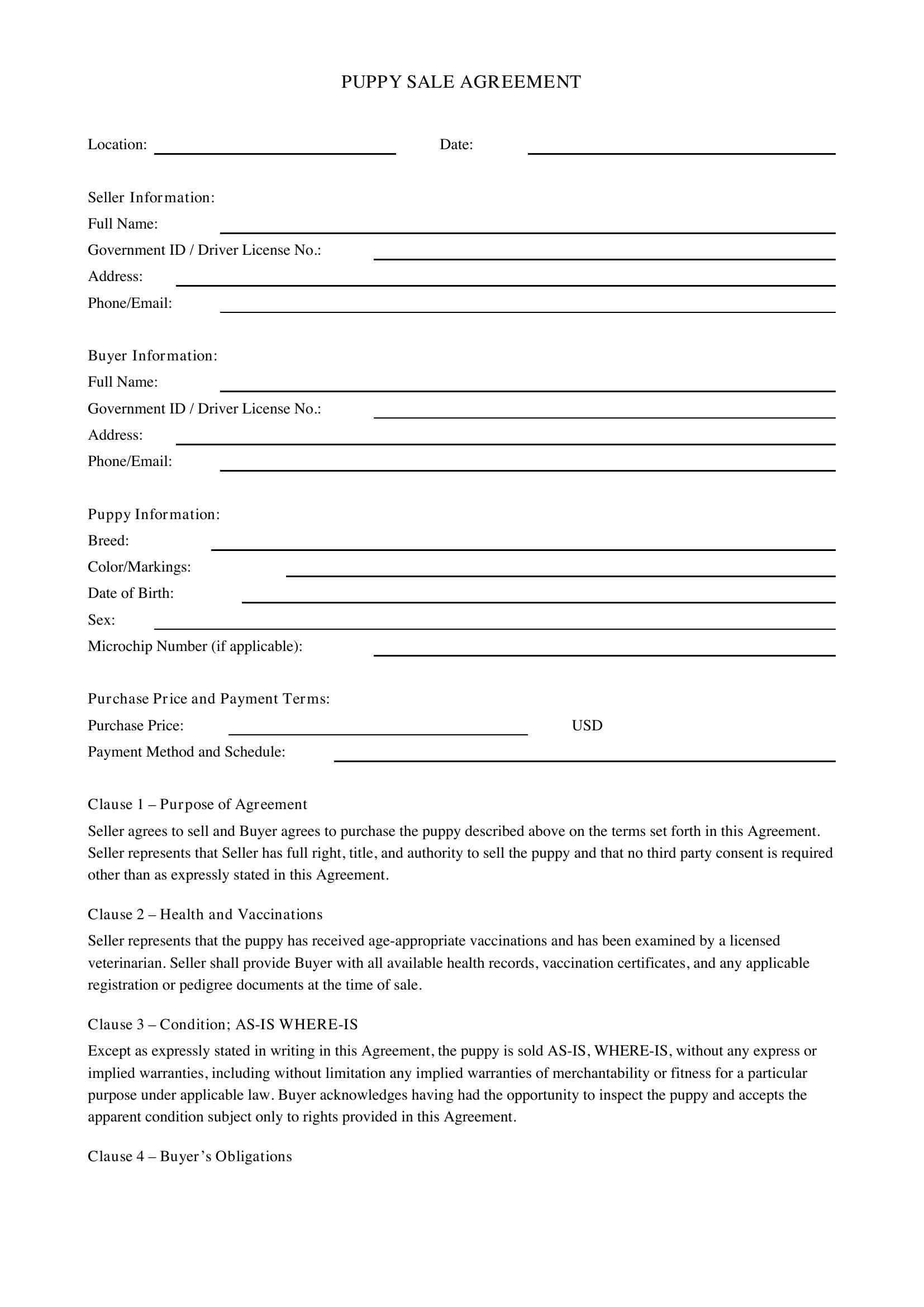 Puppy Sale Contract Template - US