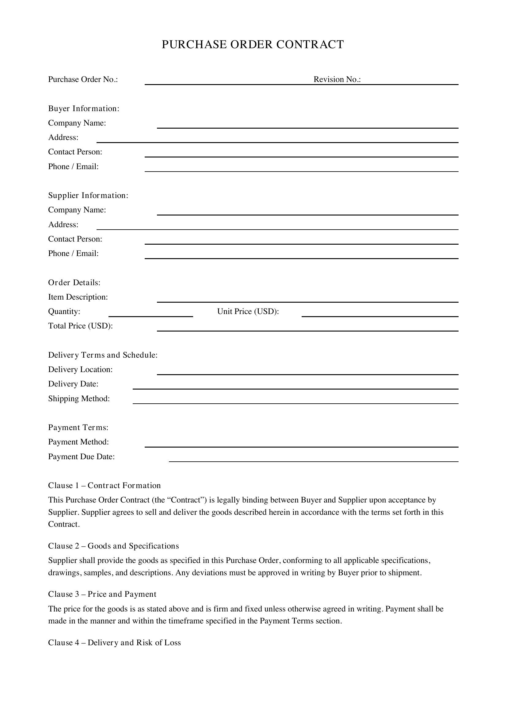 Purchase Order Contract Template - US