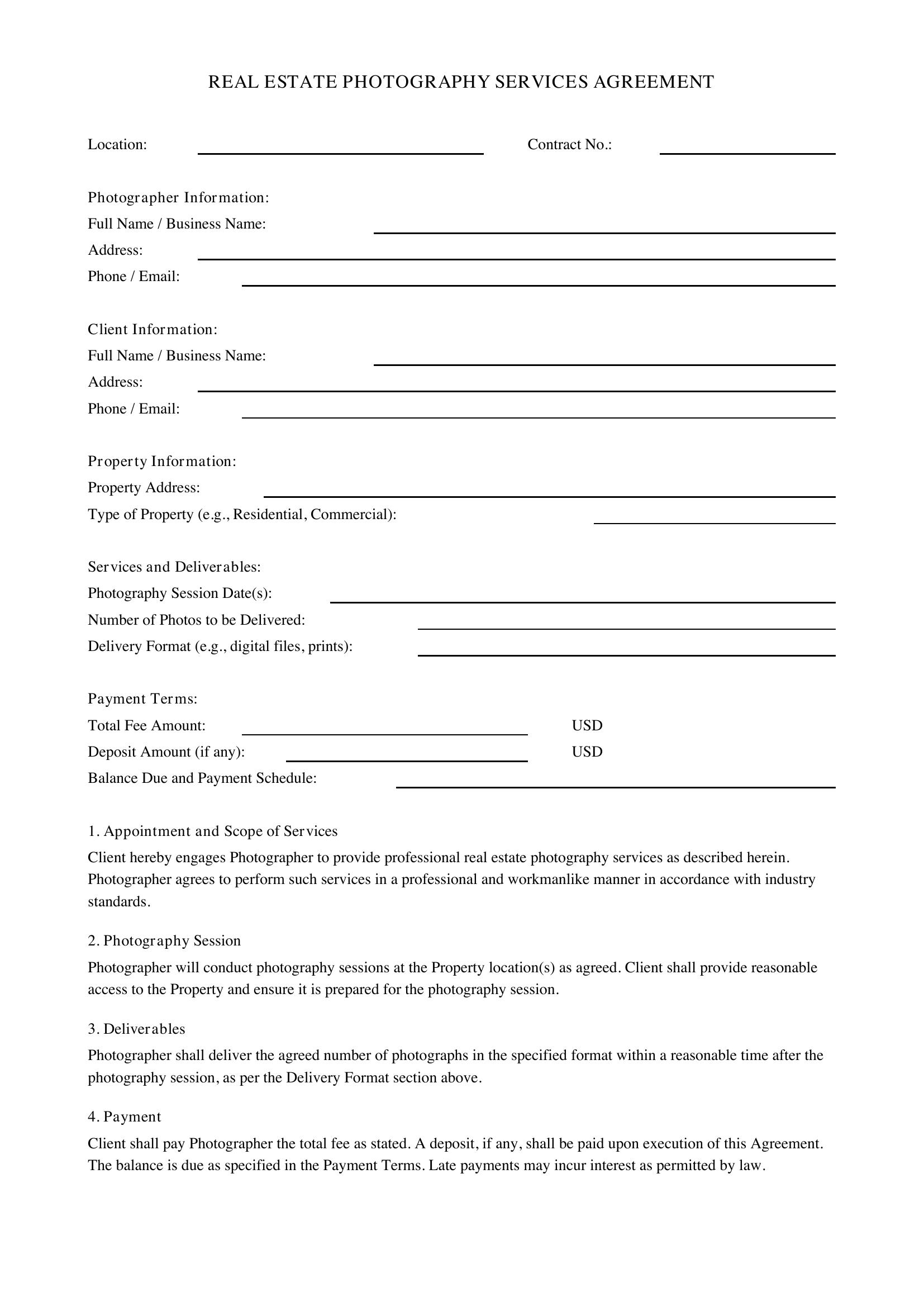 Real Estate Photography Contract Template - US