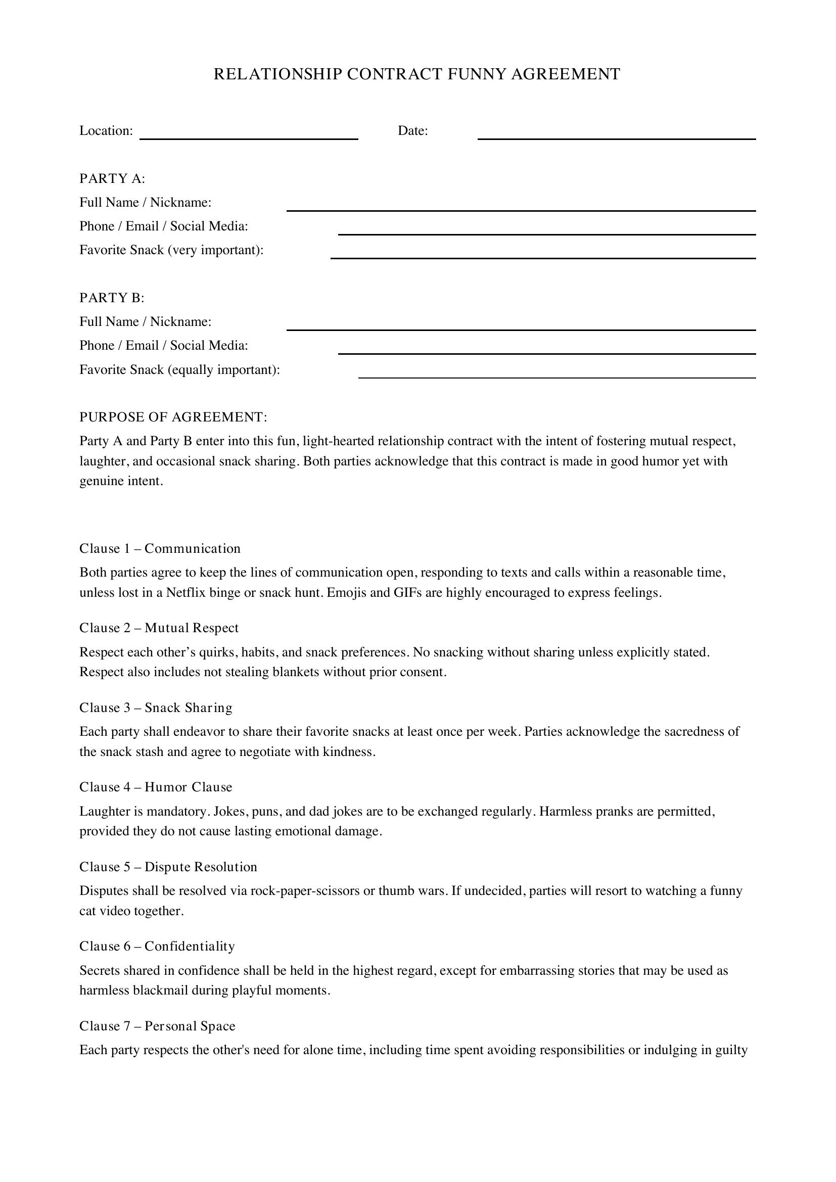 Relationship Contract Funny Template - US