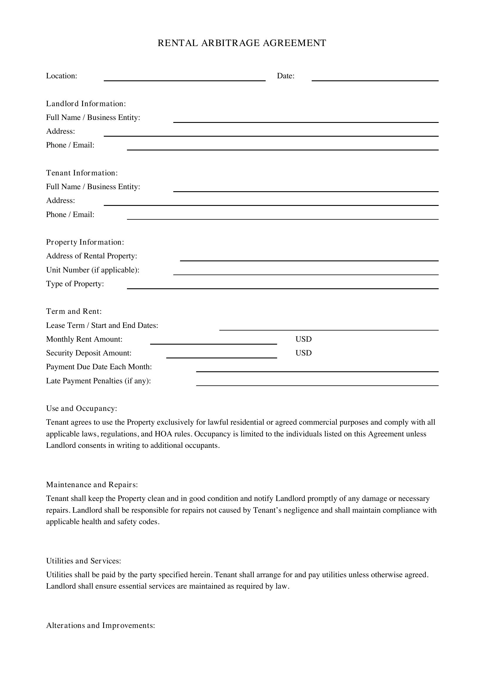 Rental Arbitrage Contract Template - US