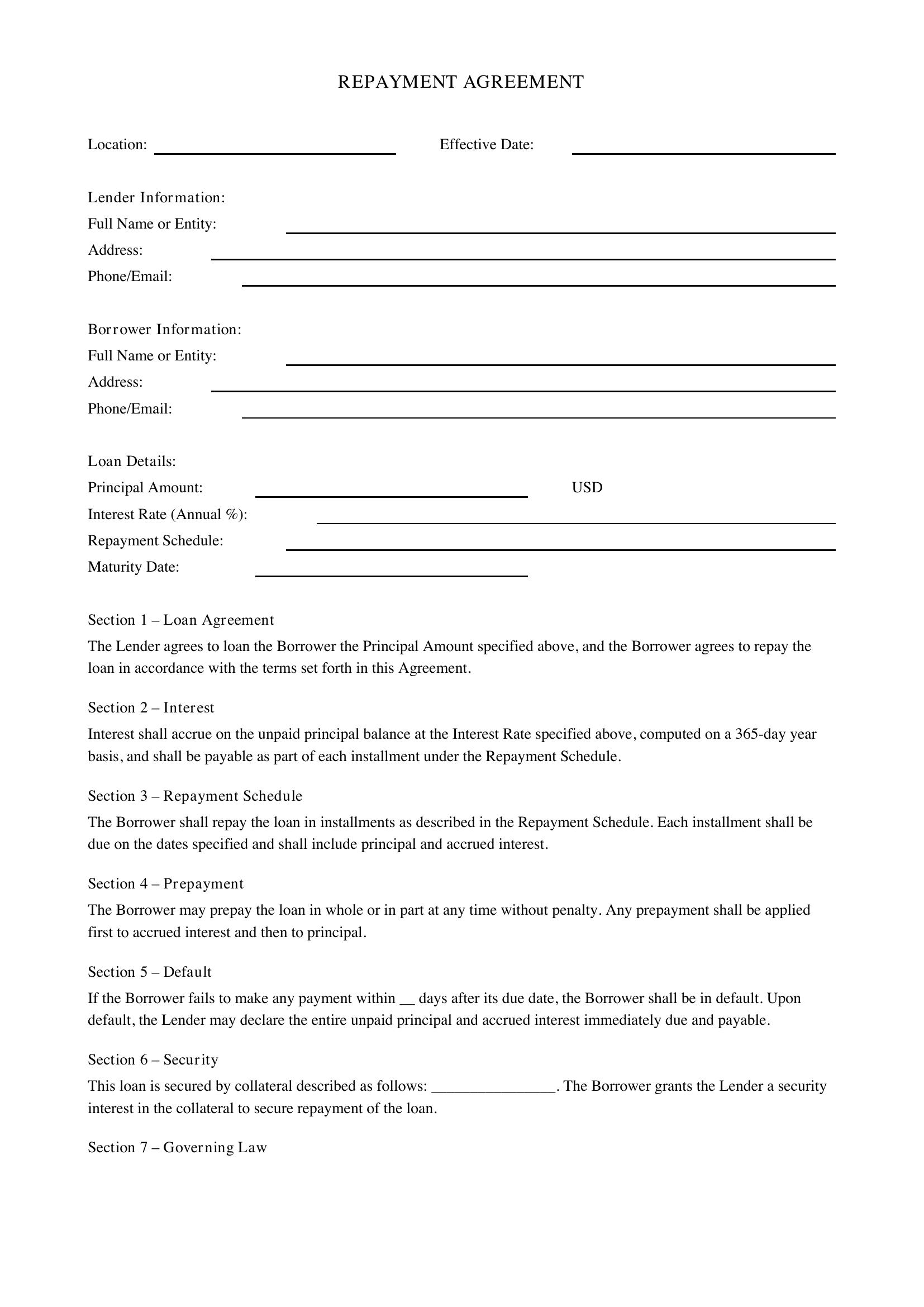 Repayment Contract Template - US