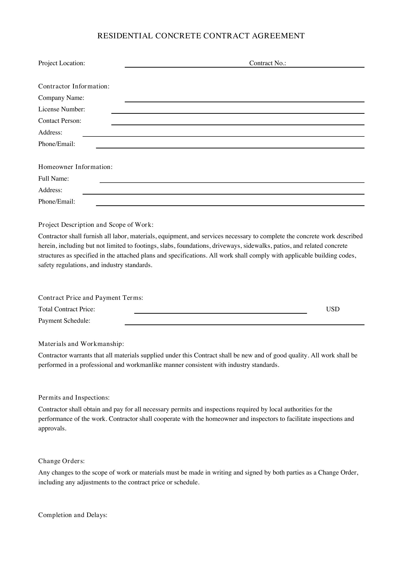 Residential Concrete Contract Template - US