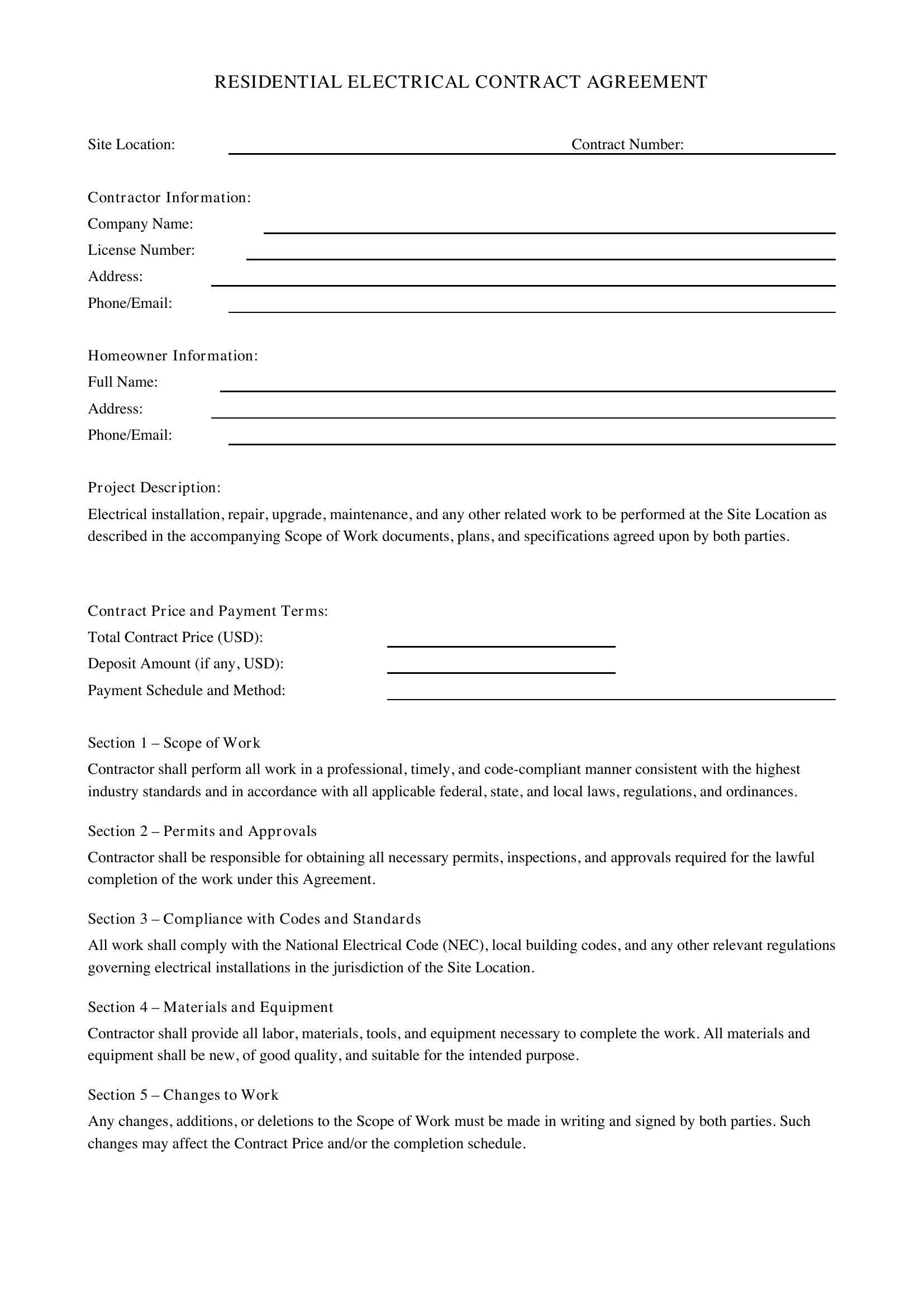 Residential Electrical Contract Template - US