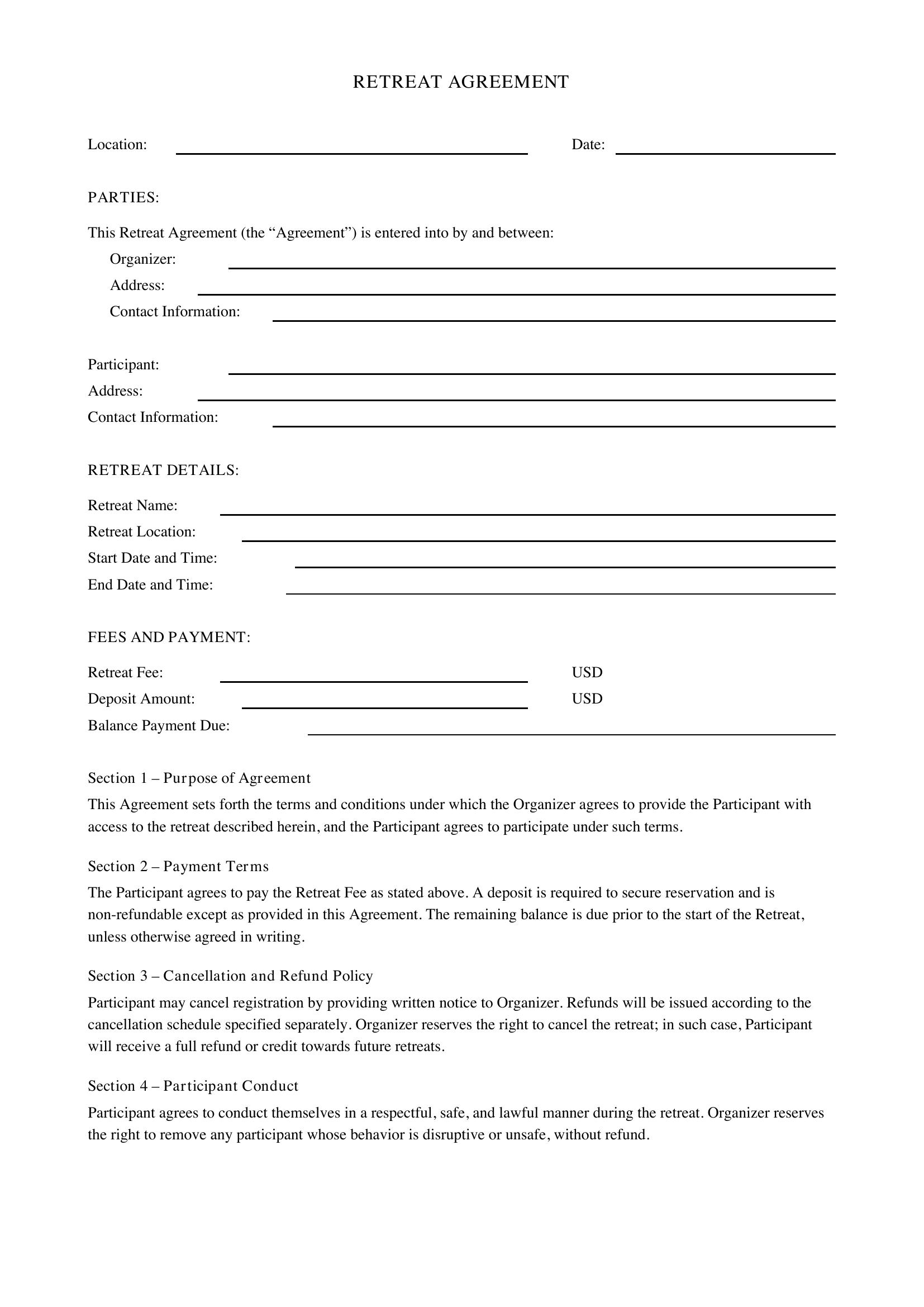 Retreat Contract Template - US