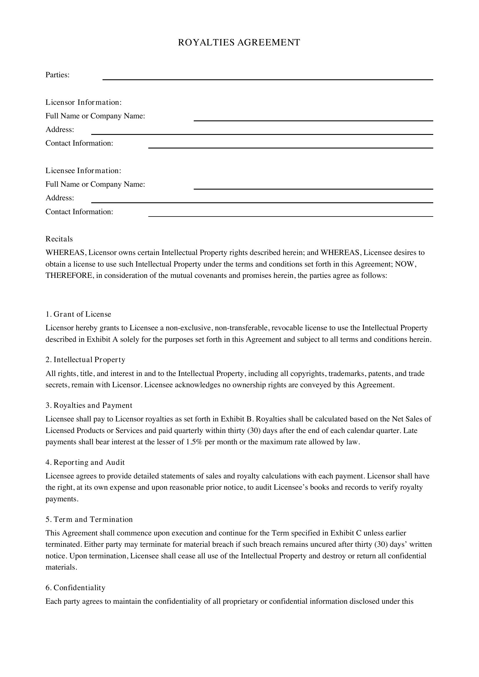 Royalties Contract Template - US