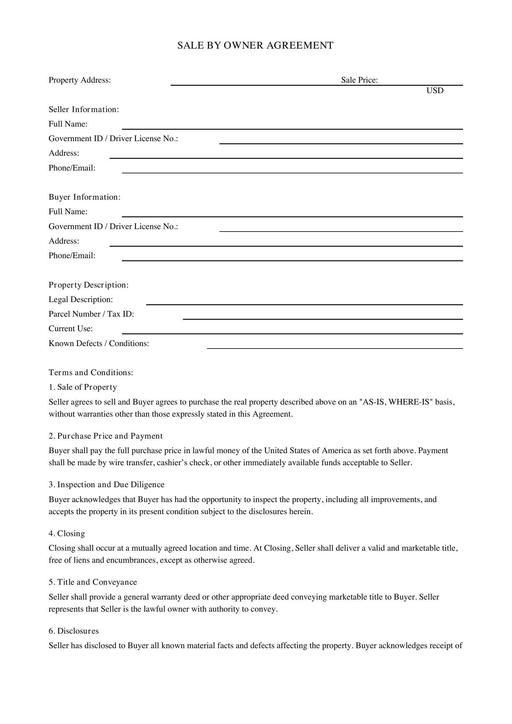 Sale By Owner Contract Template - US
