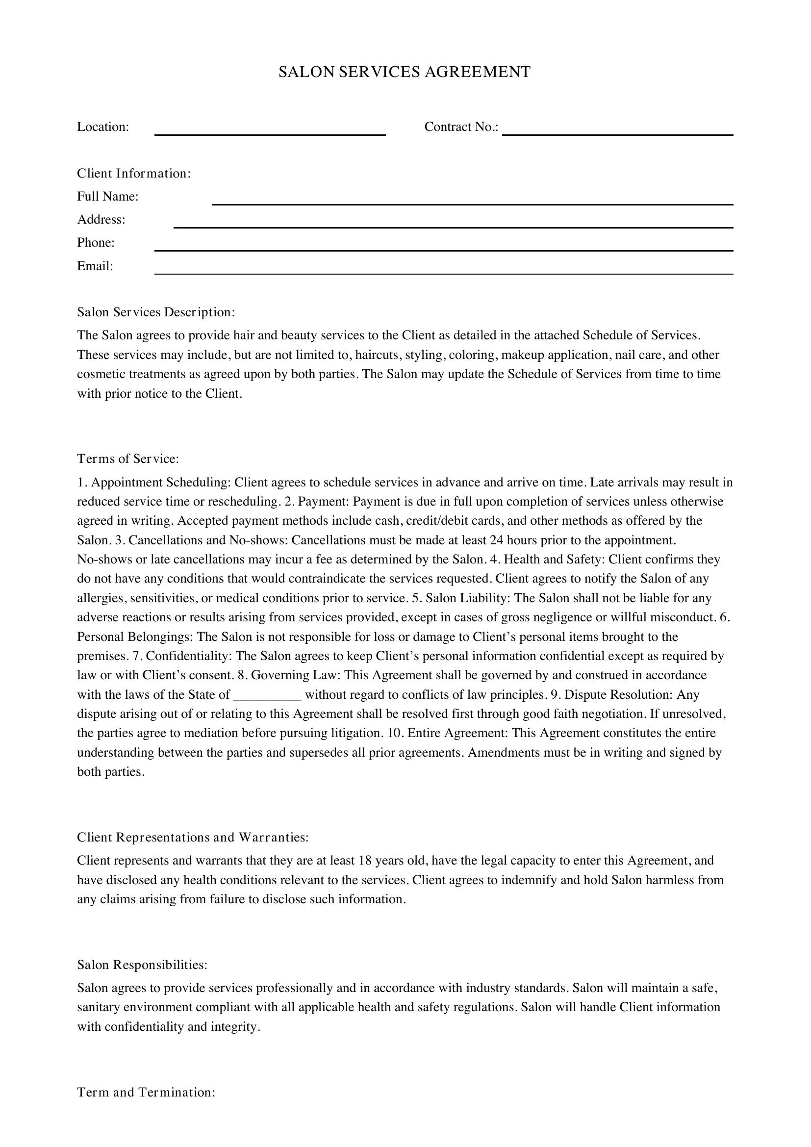 Salon Contract Template - US