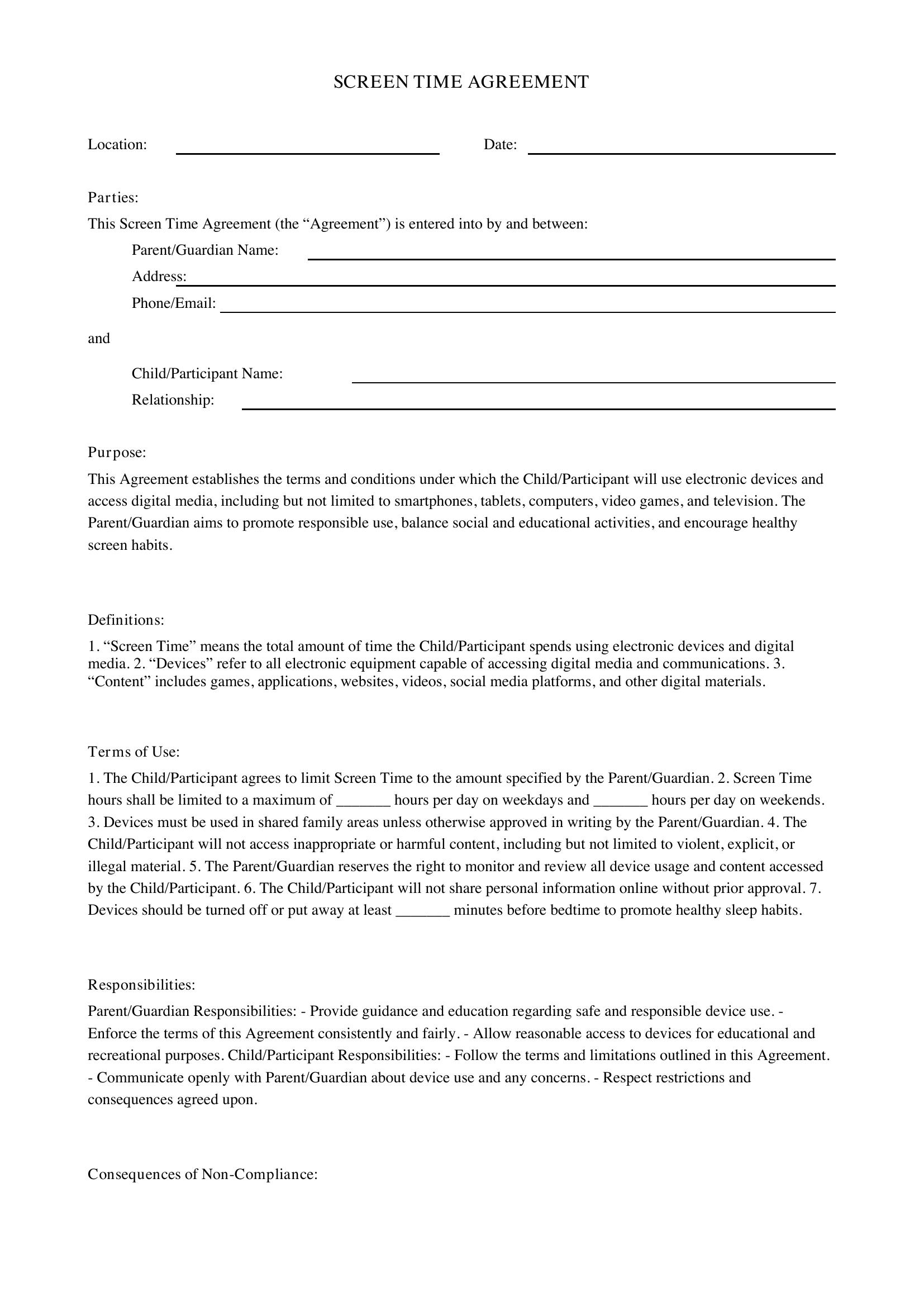 Screen Time Contract Template - US