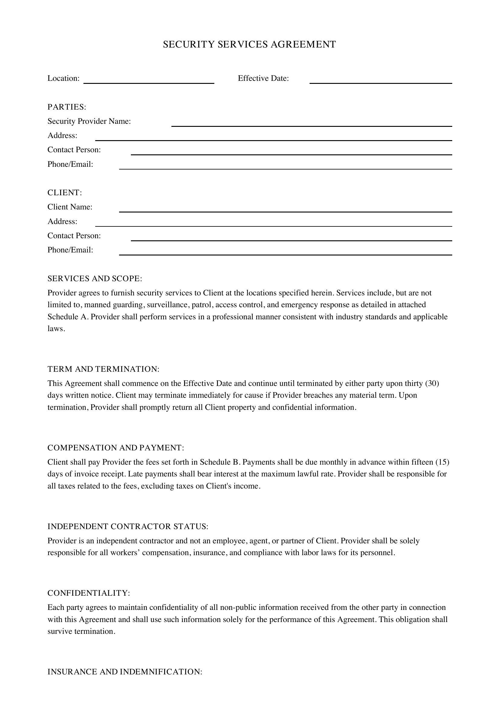 Security Contract Template - US