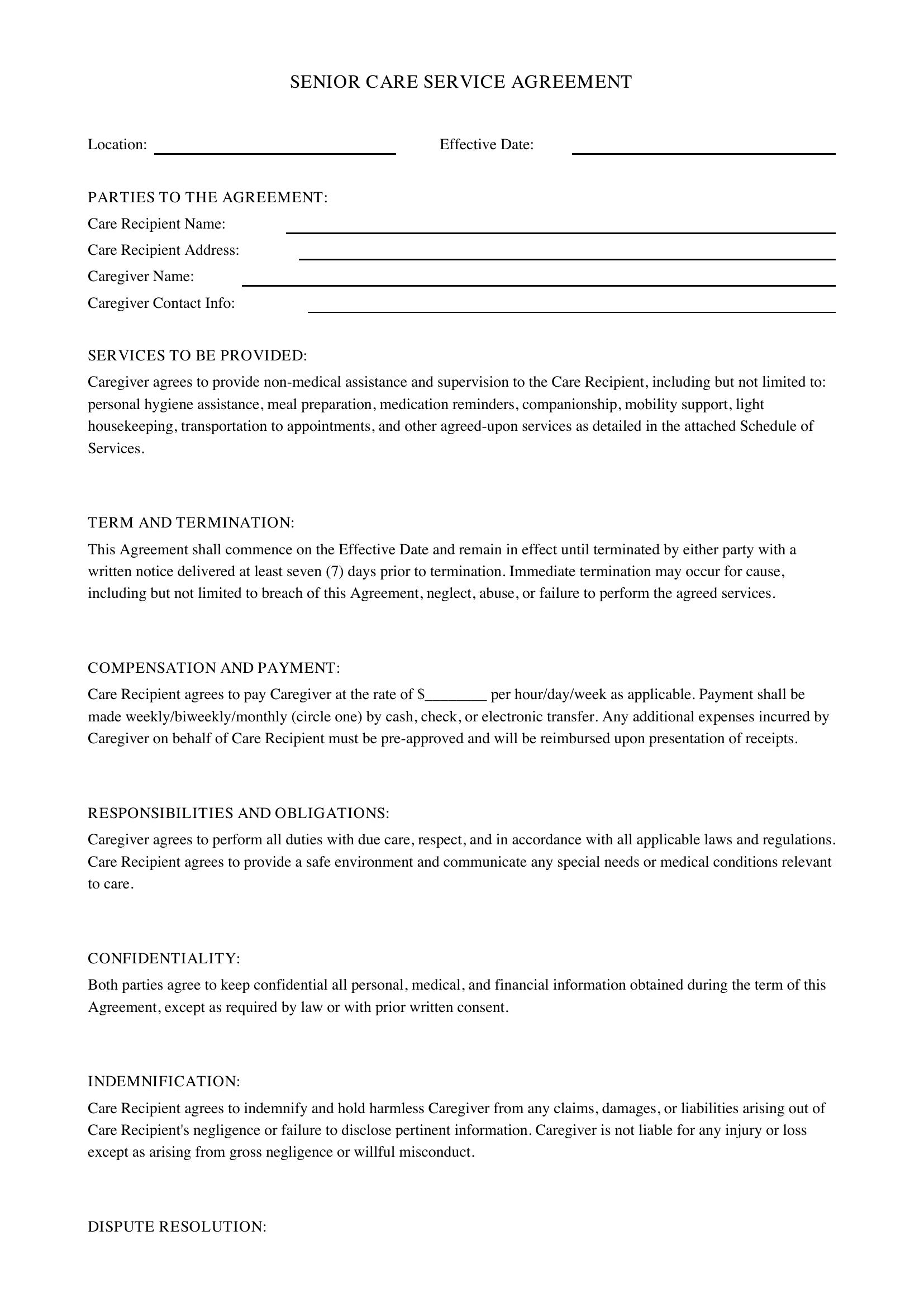 Senior Care Contract Template - US