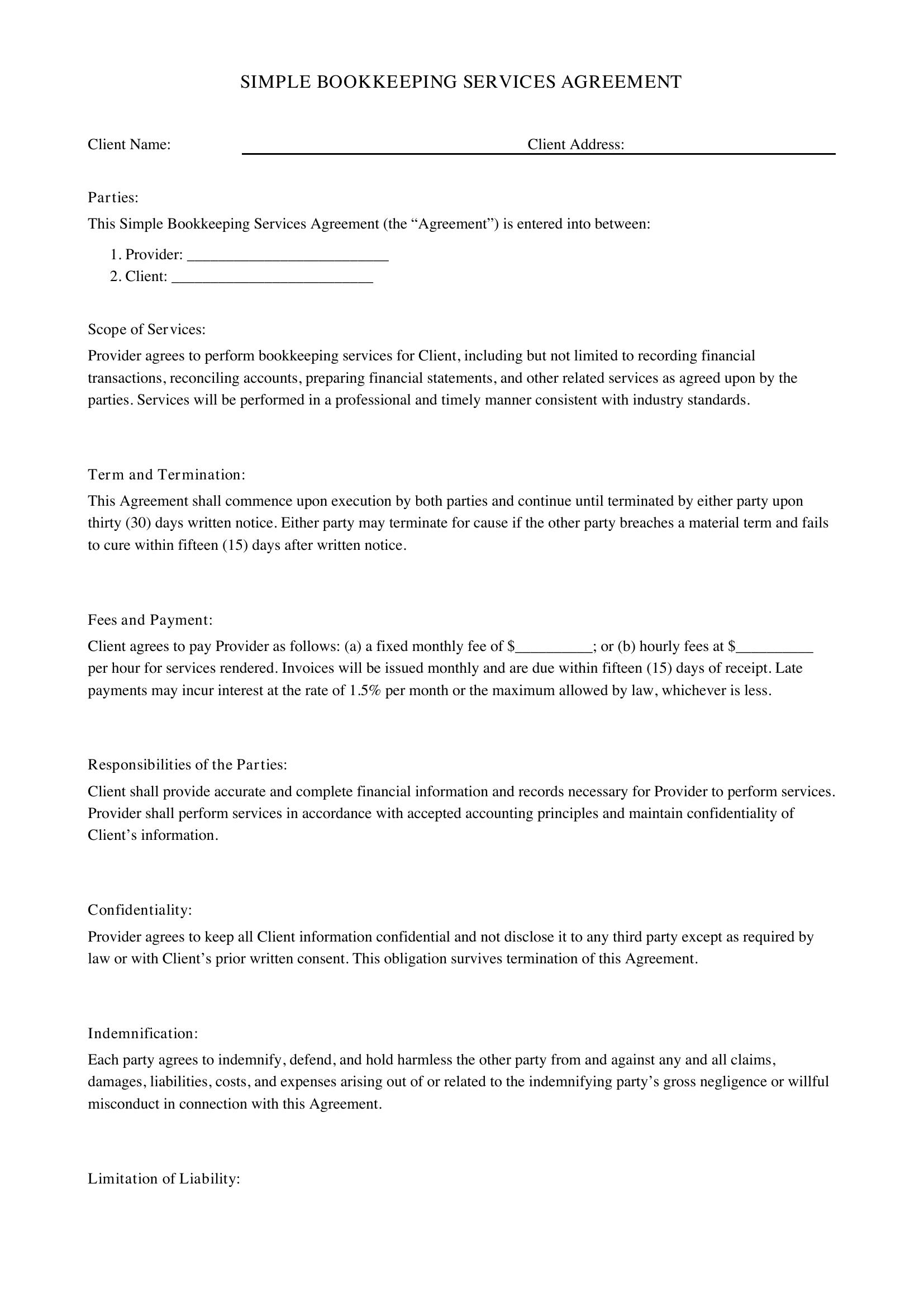 Simple Bookkeeping Contract Template - US