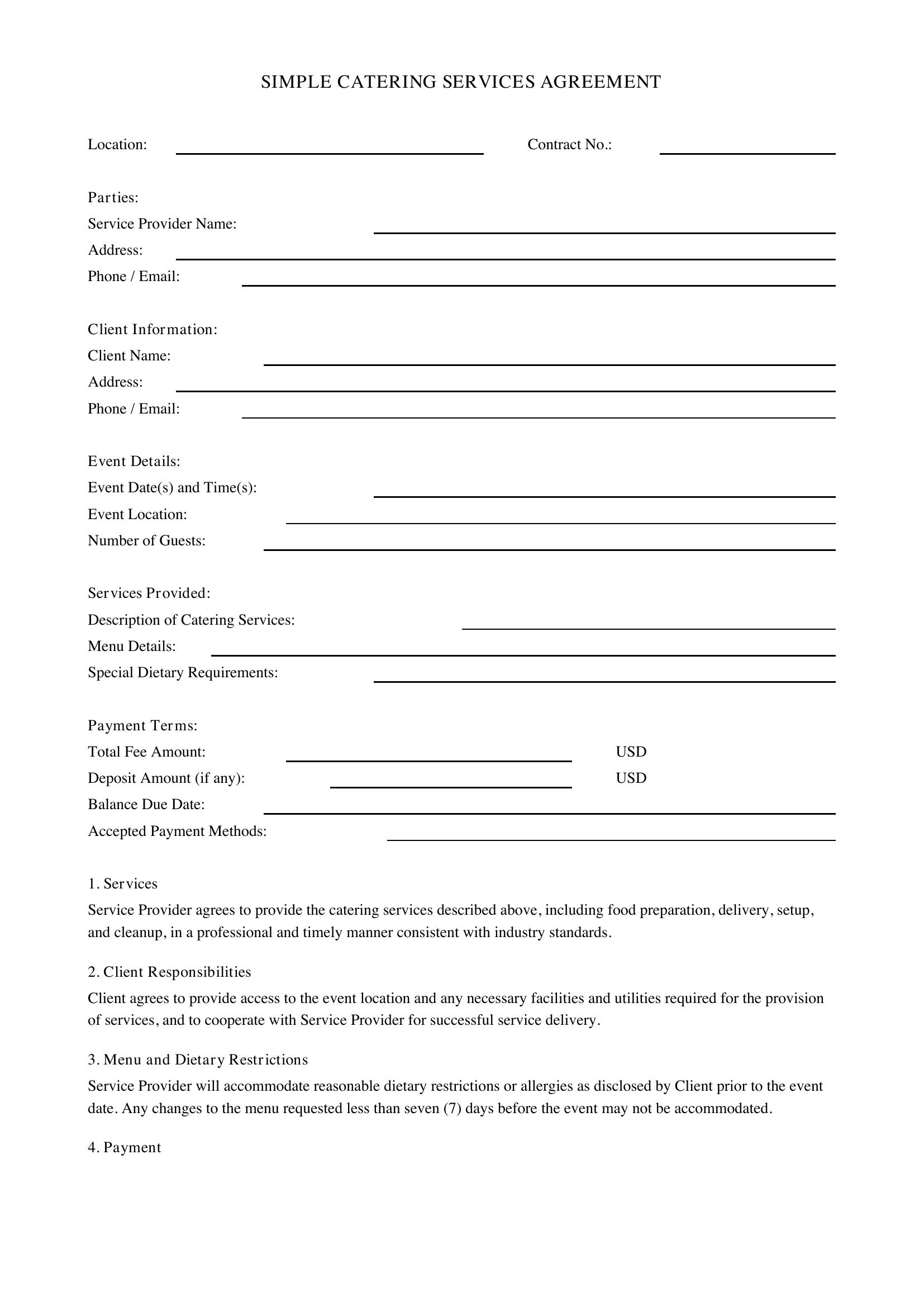 Simple Catering Contract Template - US