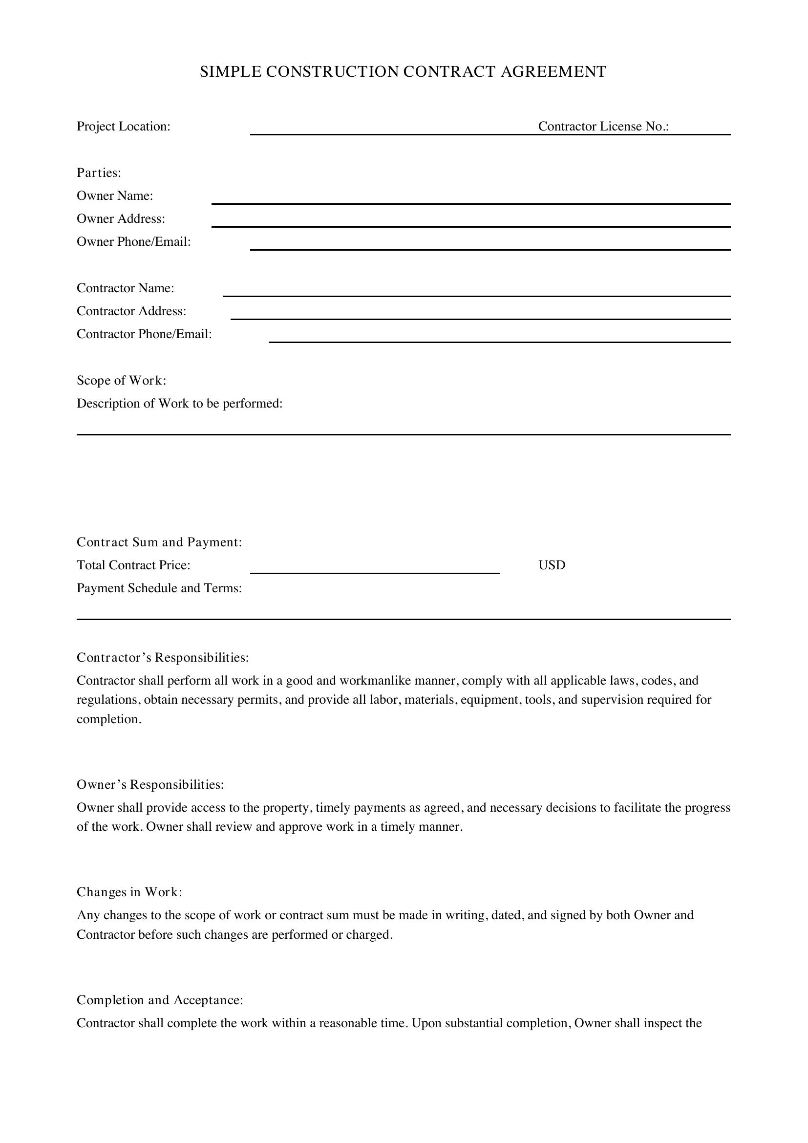 Simple Construction Contract Template - US