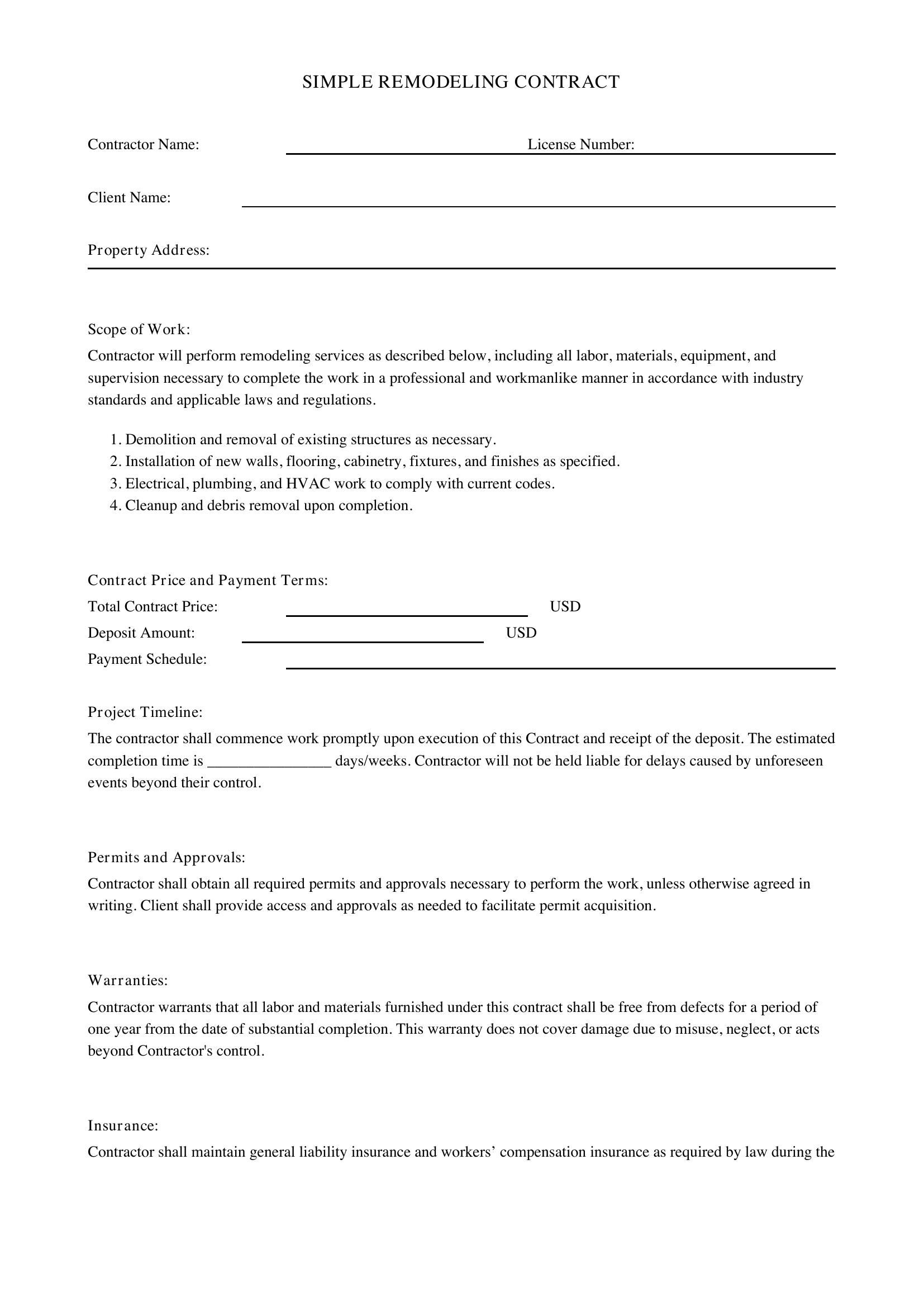 Simple Remodeling Contract Template - US