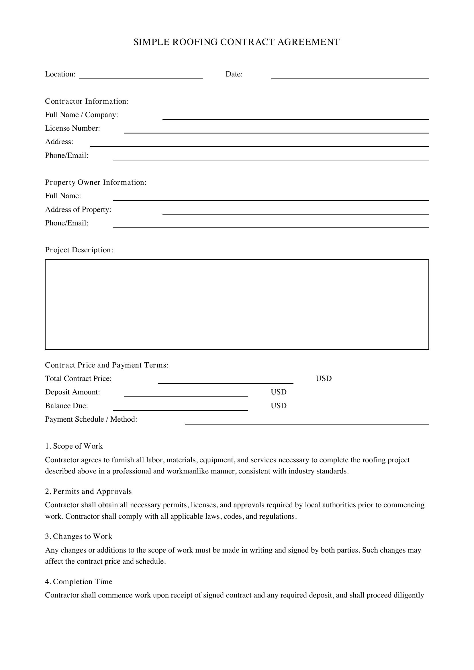 Simple Roofing Contract Template - US
