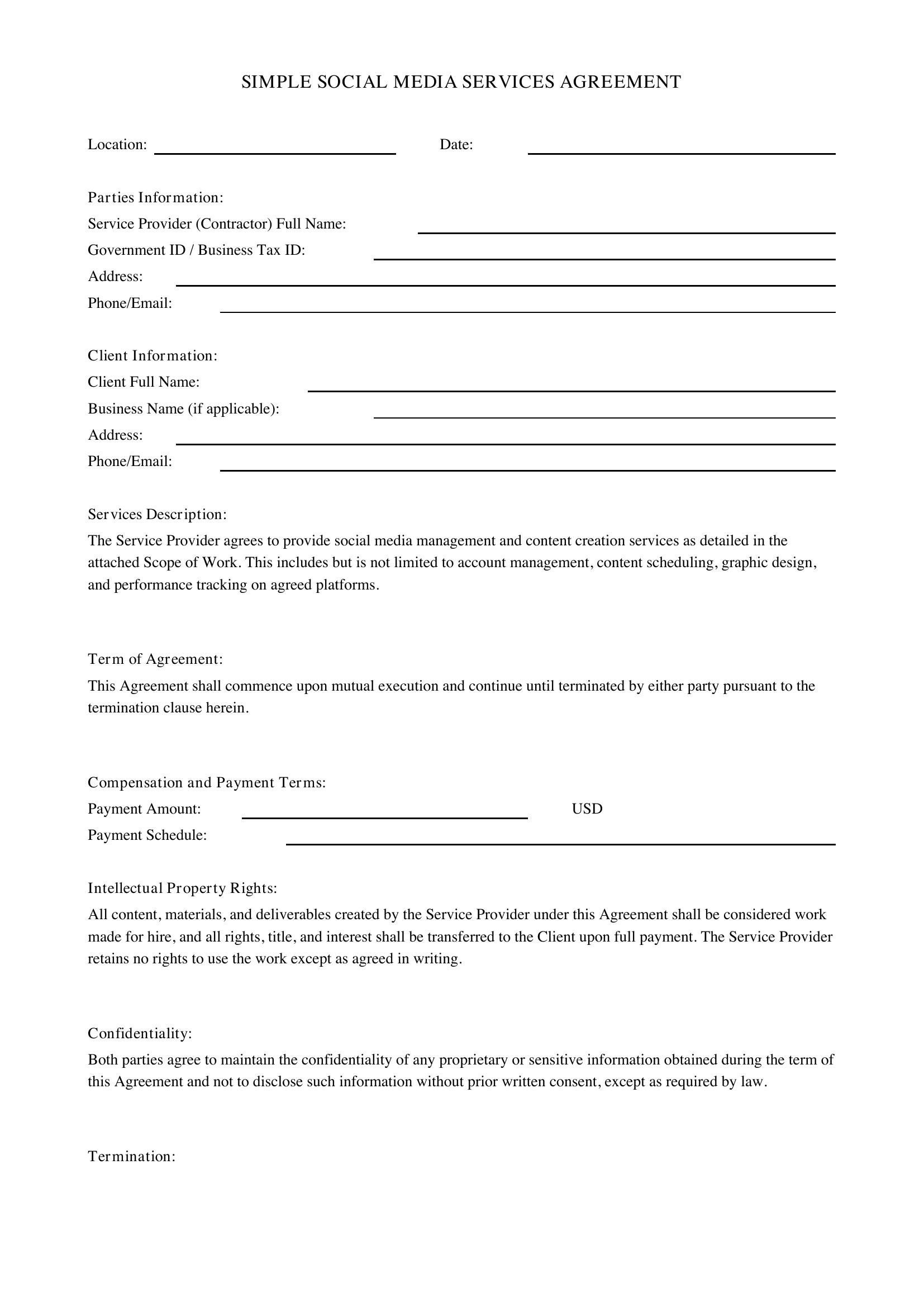 Simple Social Media Contract Template - US