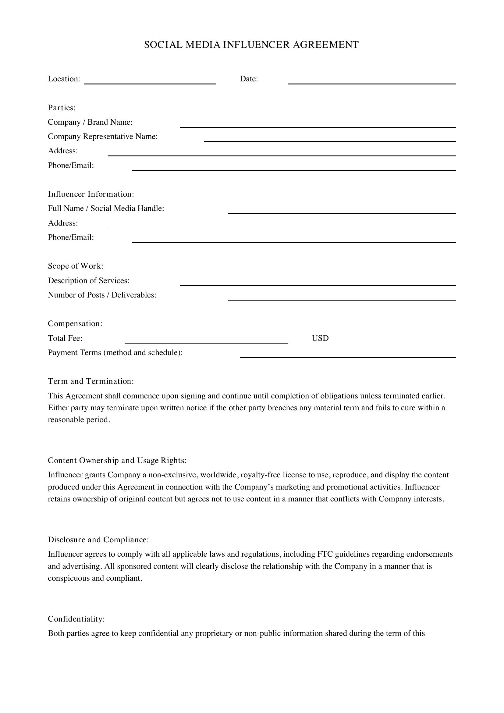 Social Media Influencer Contract Template - US