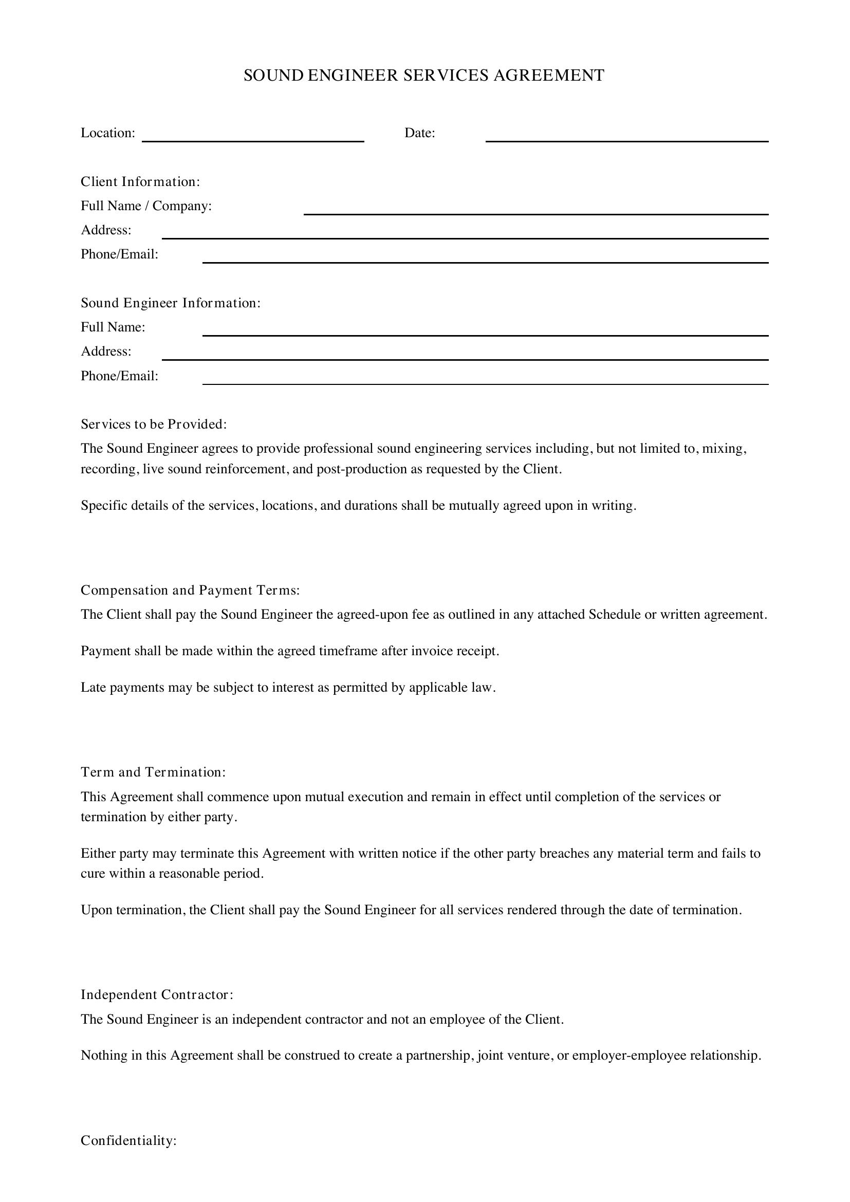 Sound Engineer Contract Template - US