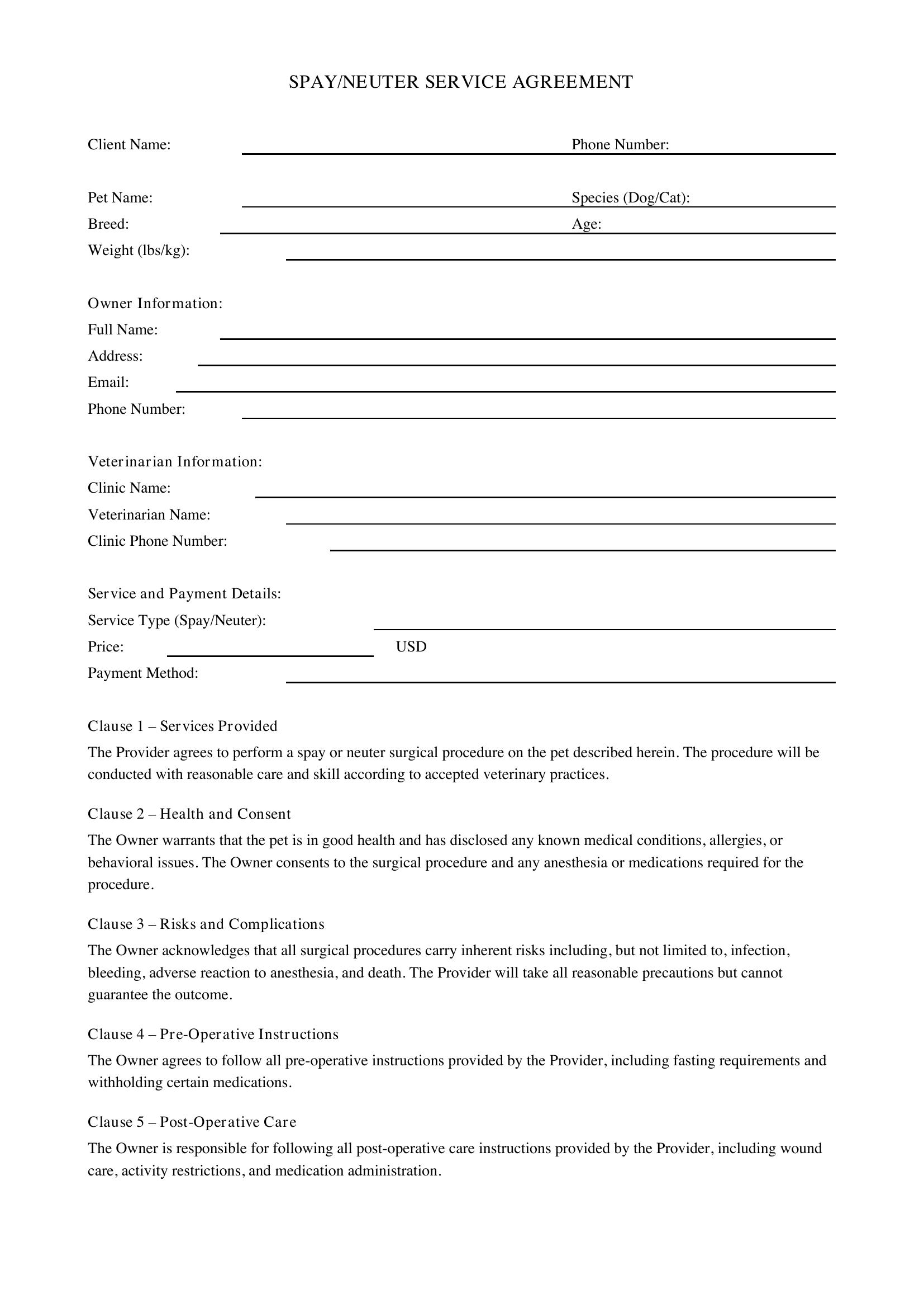 Spay/Neuter Contract Template - US