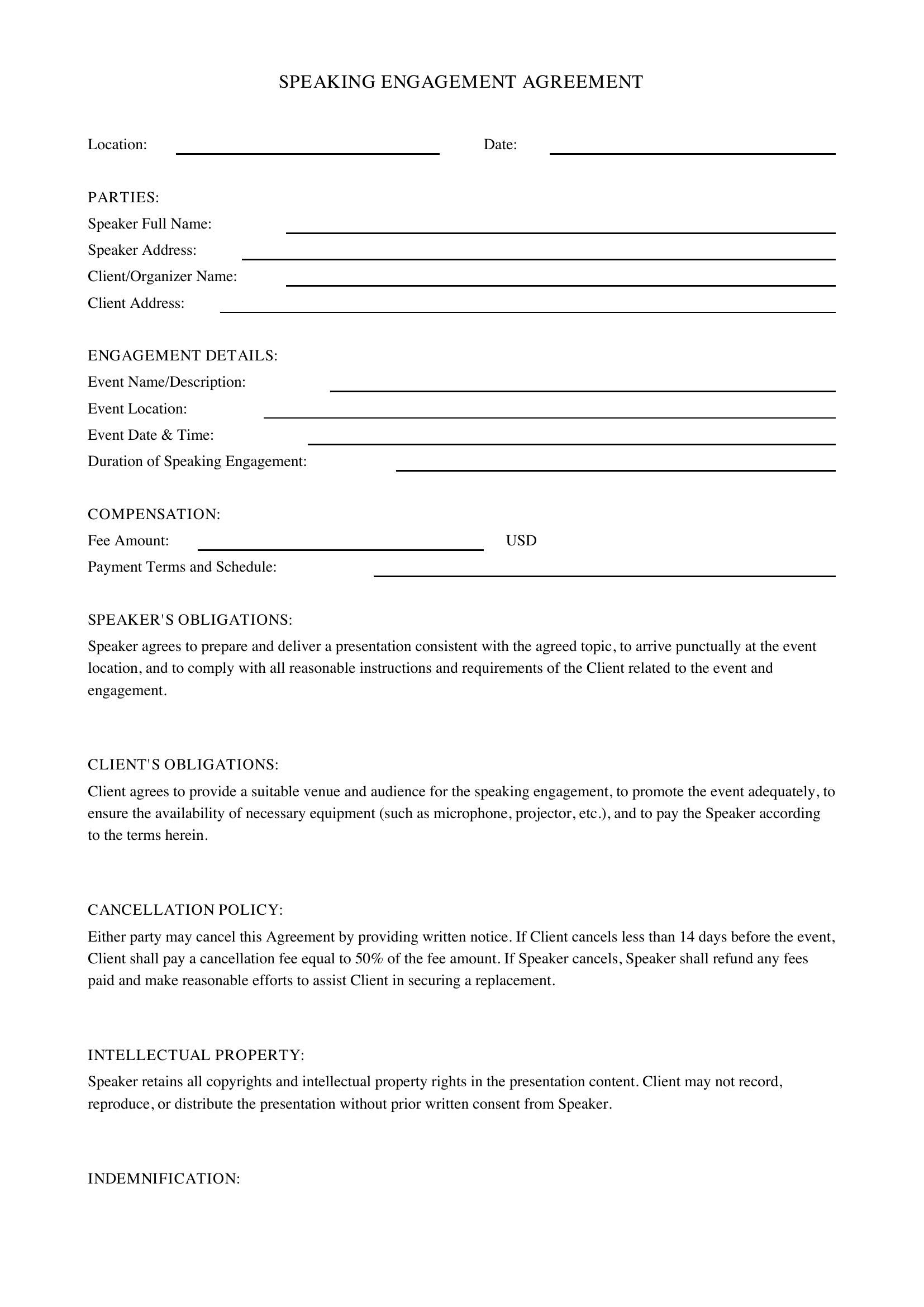 Speaking Contract Template - US