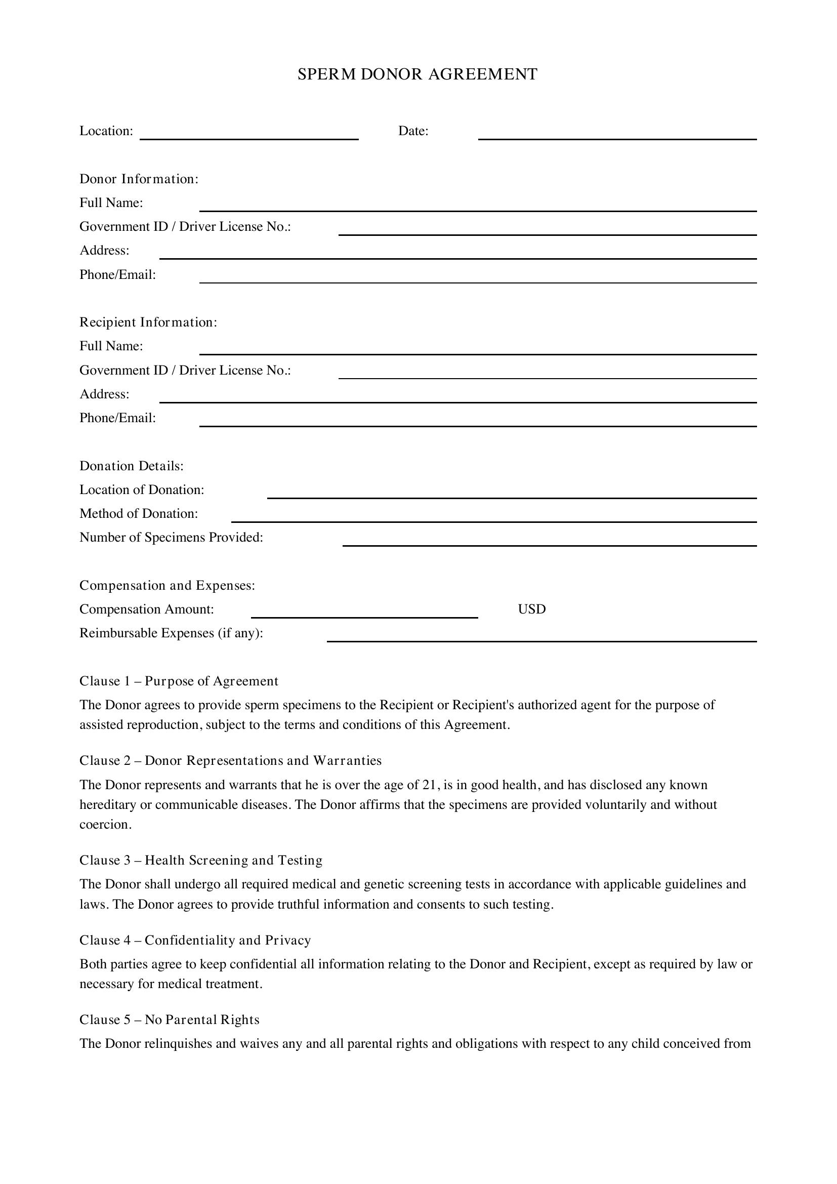 Sperm Donor Contract Template - US