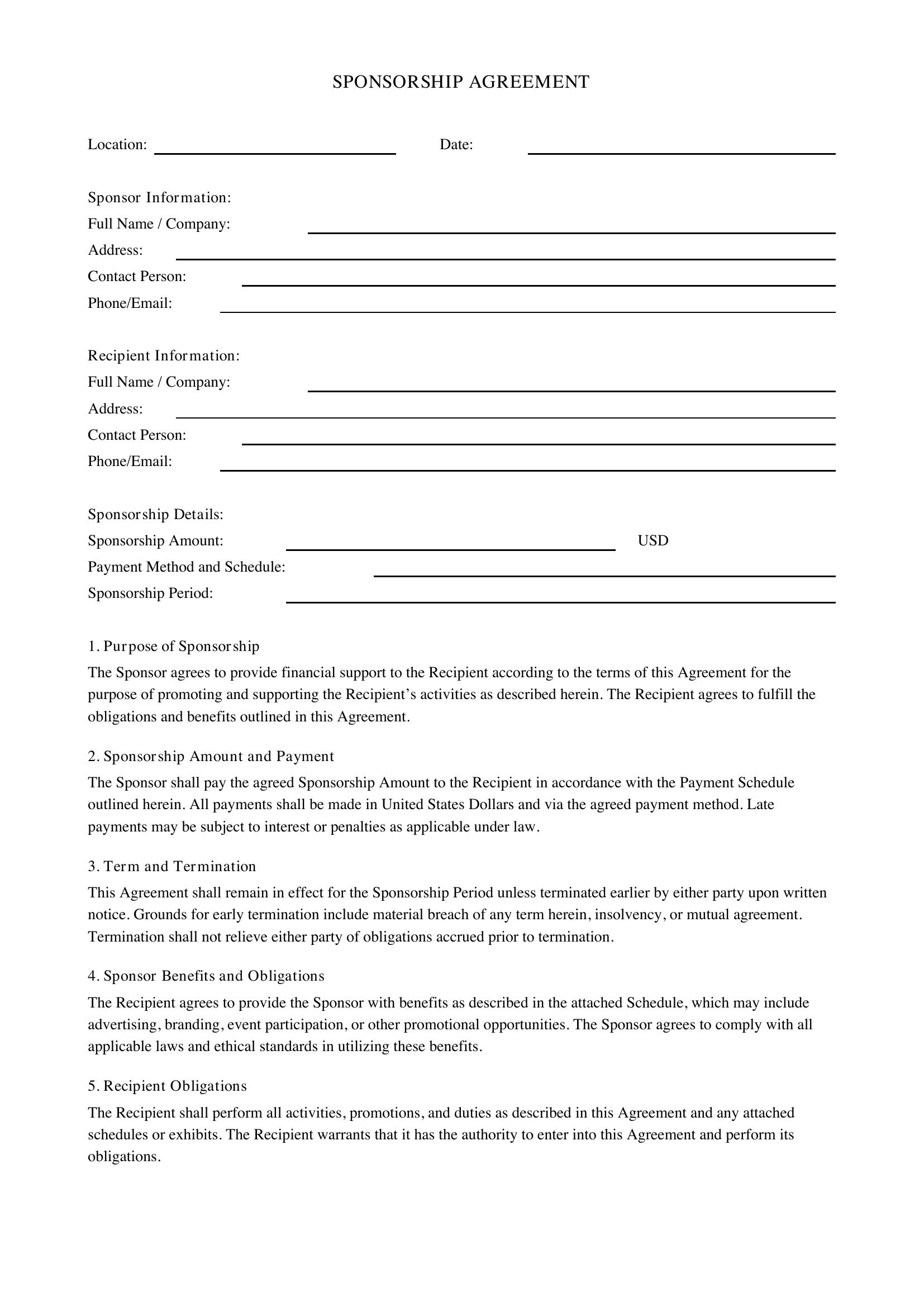 Sponsorship Contract Template - US