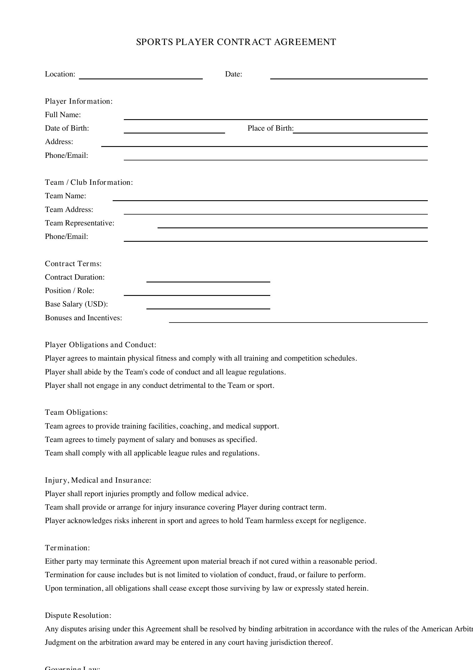 Sports Player Contract Template - US
