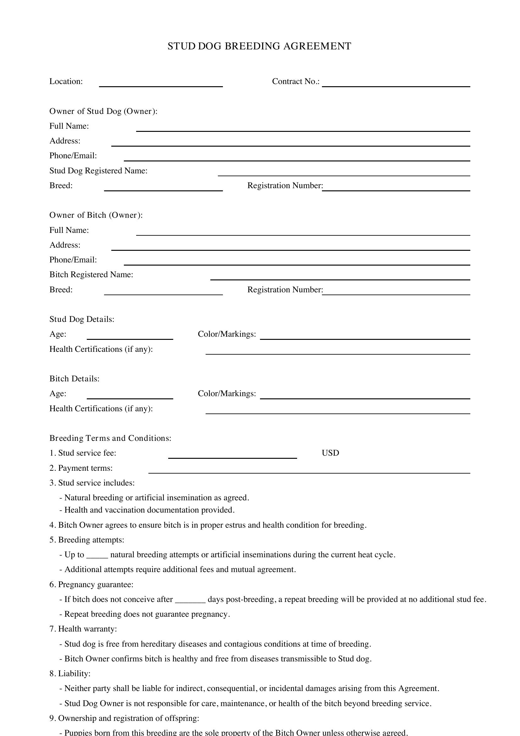 Stud Dog Breeding Contract Template - US