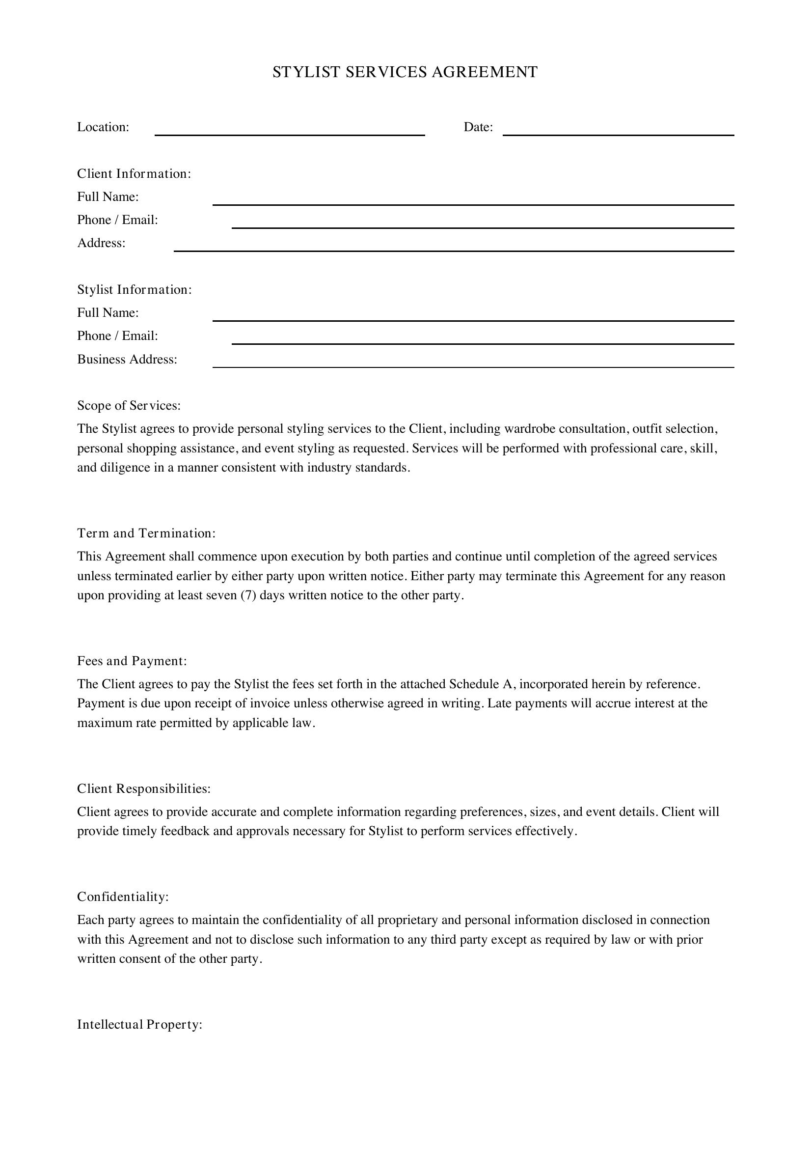 Stylist Contract Template - US