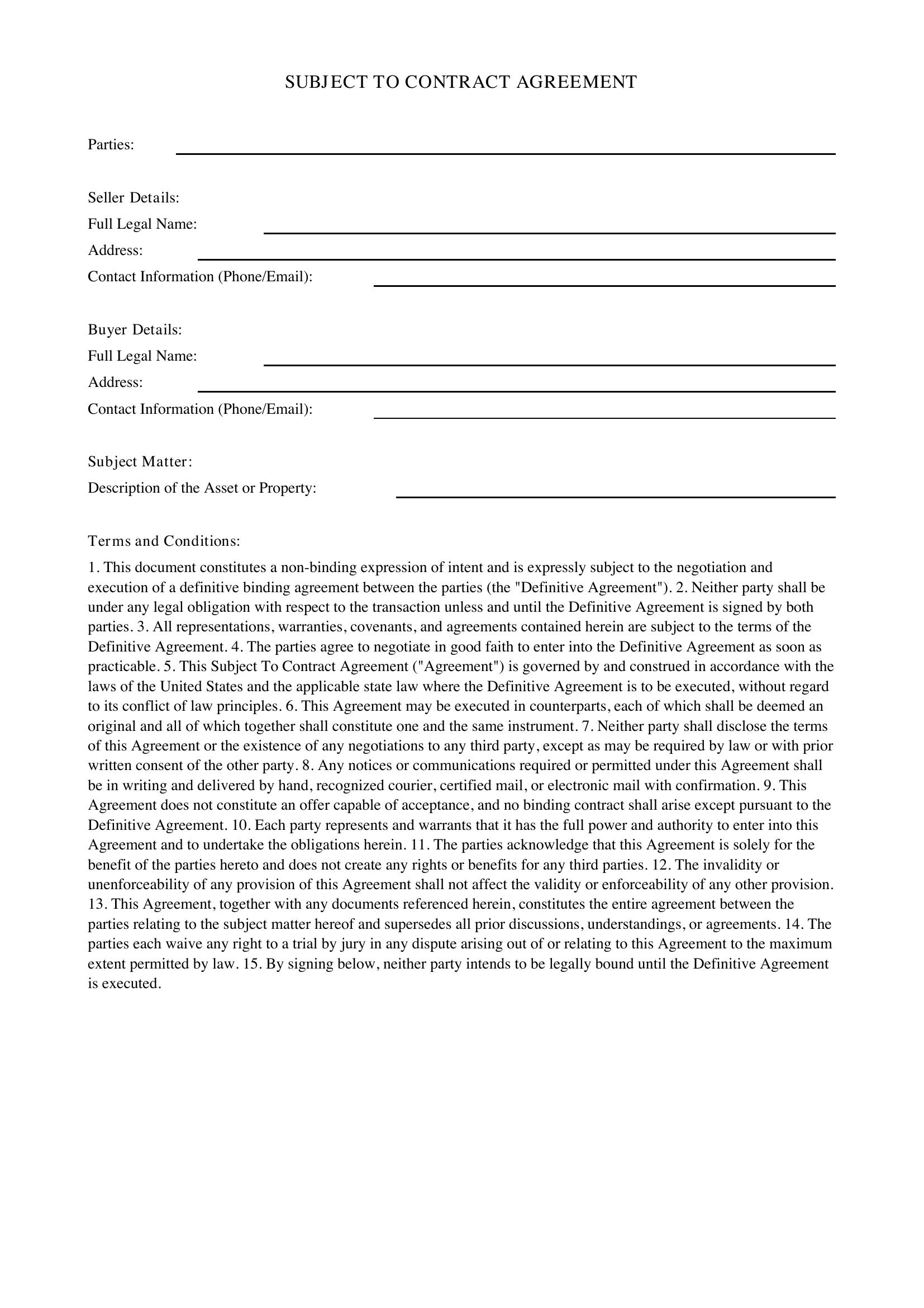 Subject To Contract Template - US