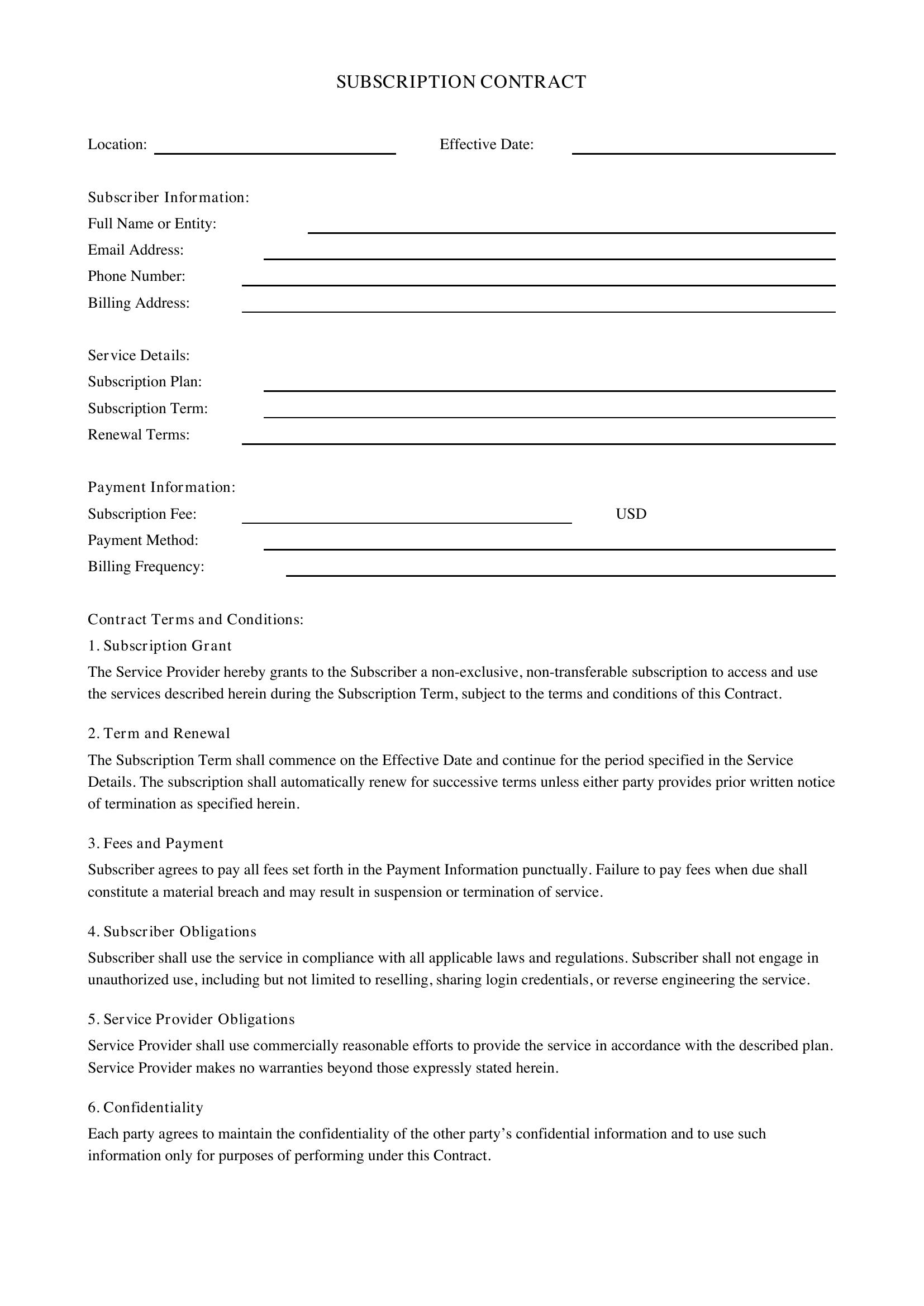 Subscription Contract Template - US