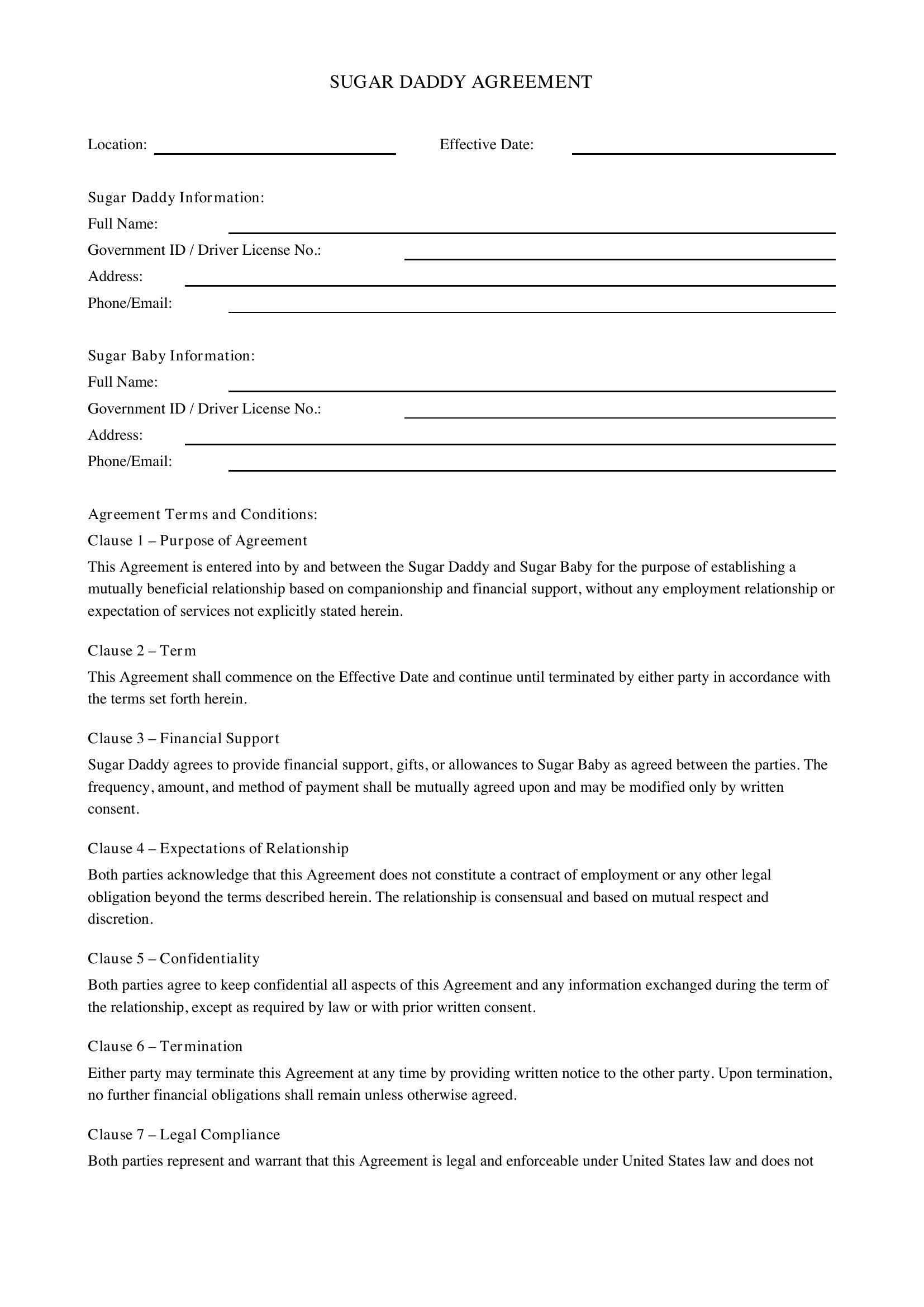 Sugar Daddy Contract Template - US
