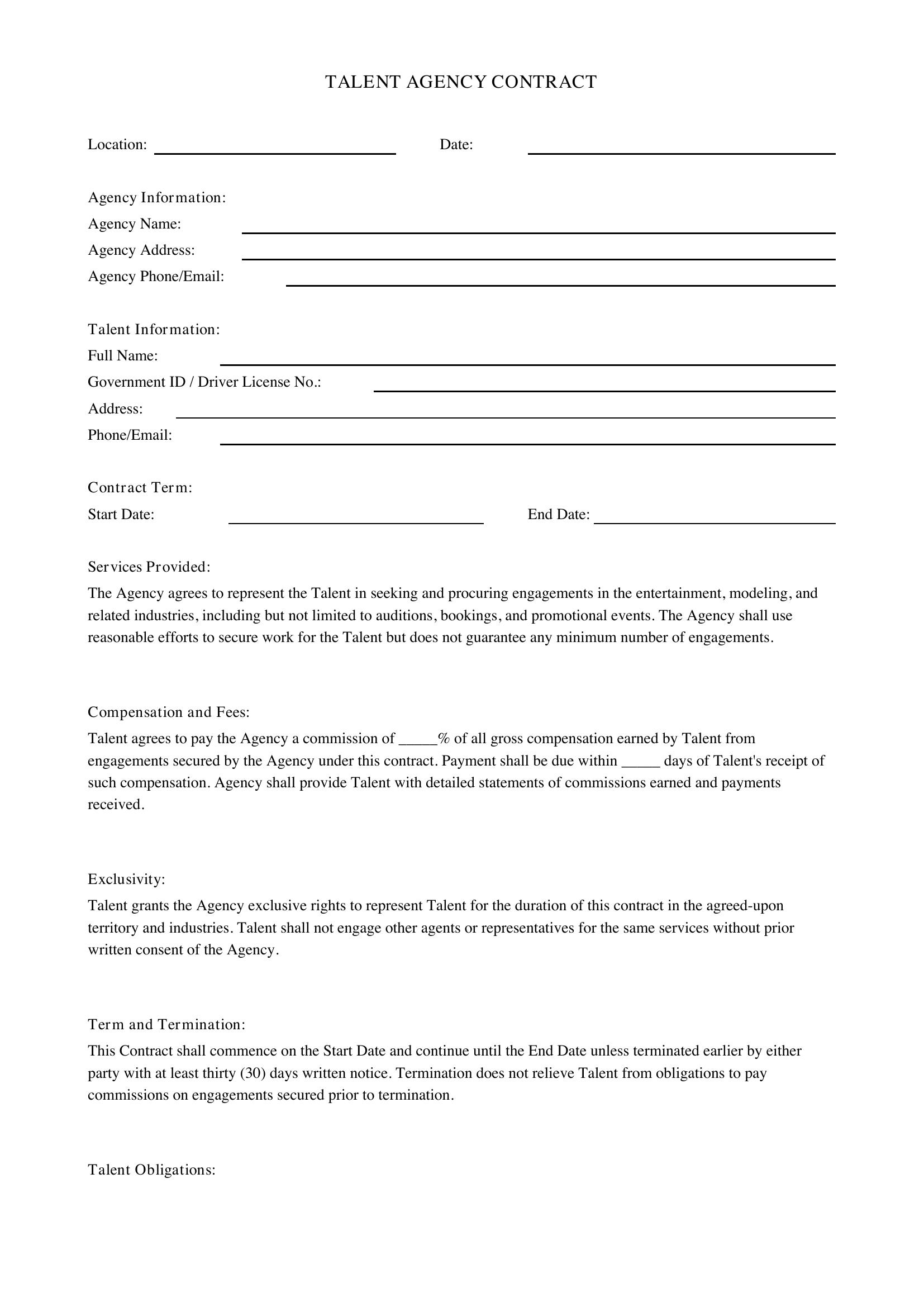 Talent Agency Contract Template - US