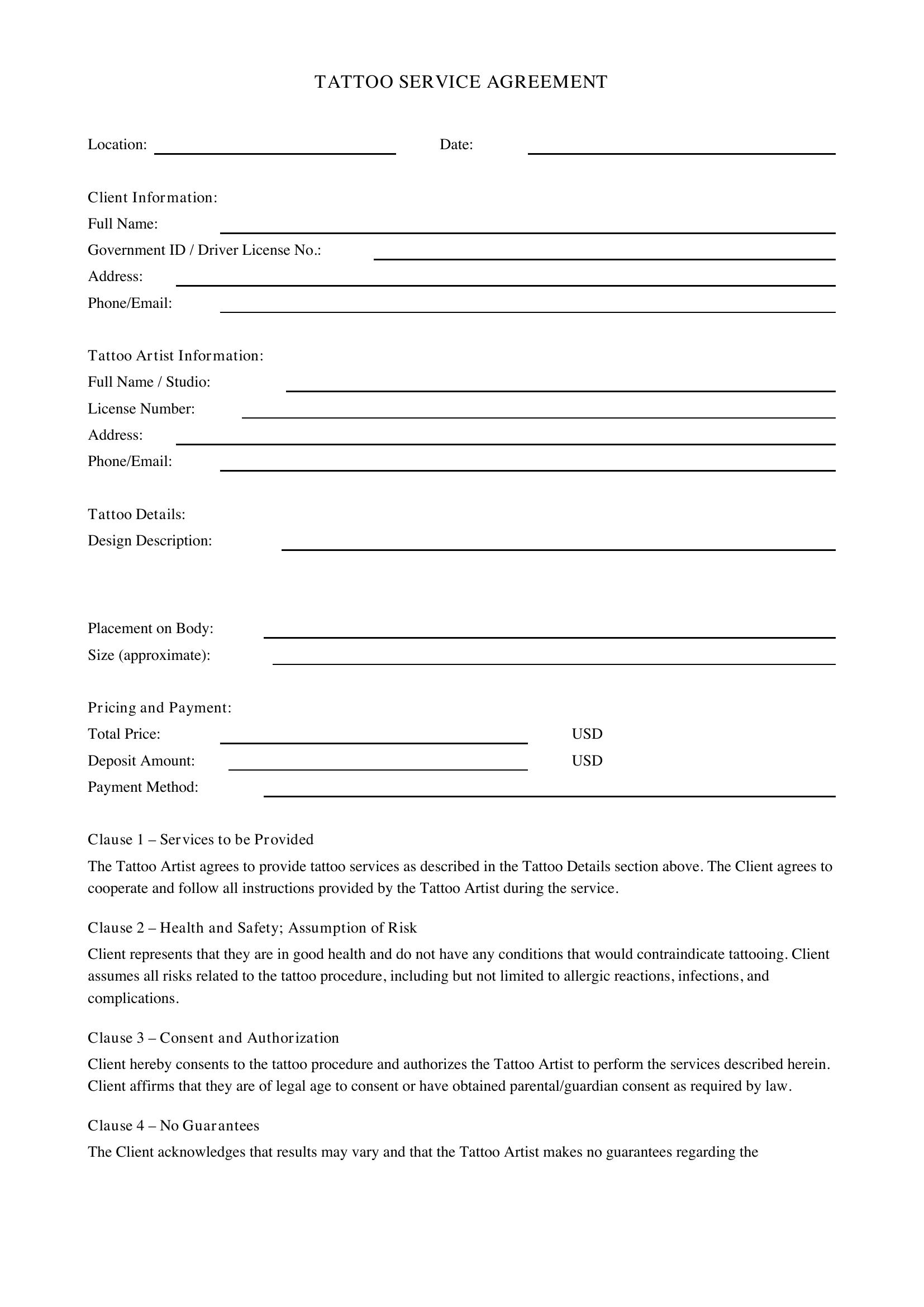 Tattoo Contract Template - US