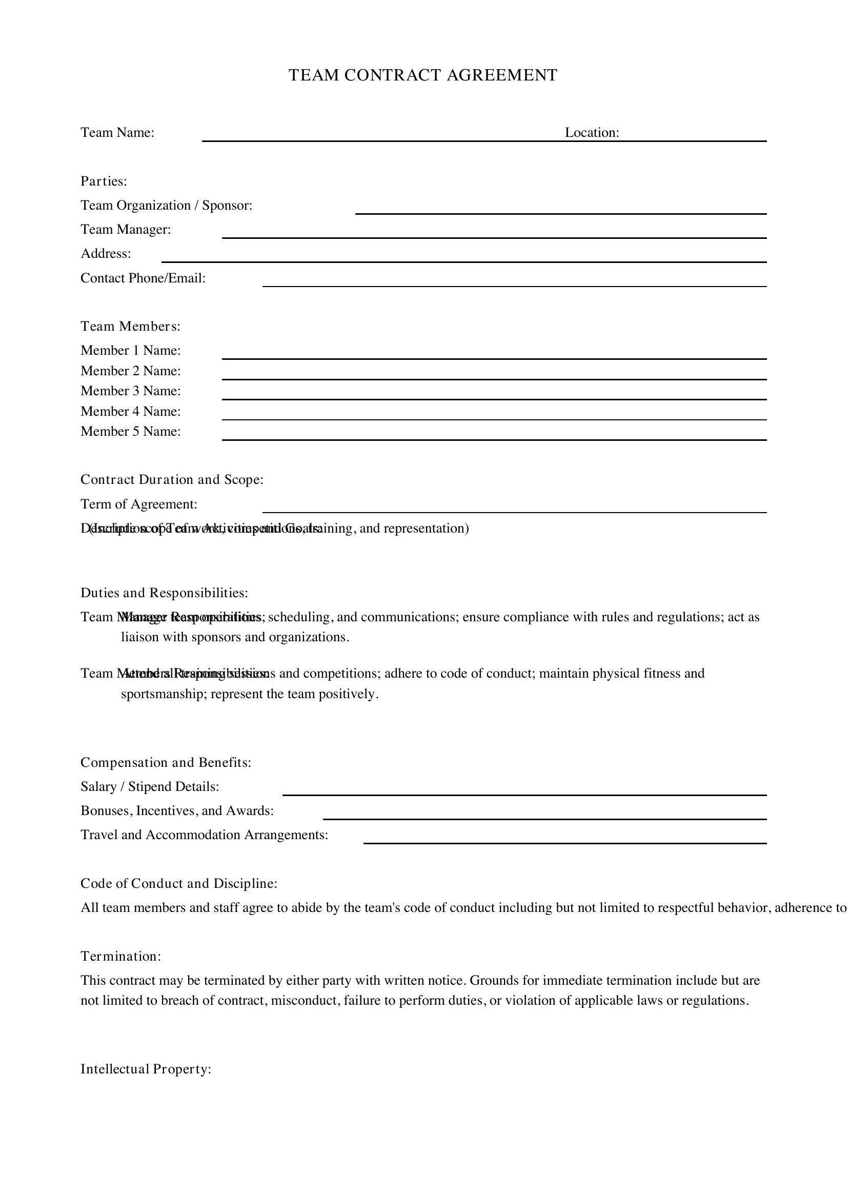 Team Contract Template - US