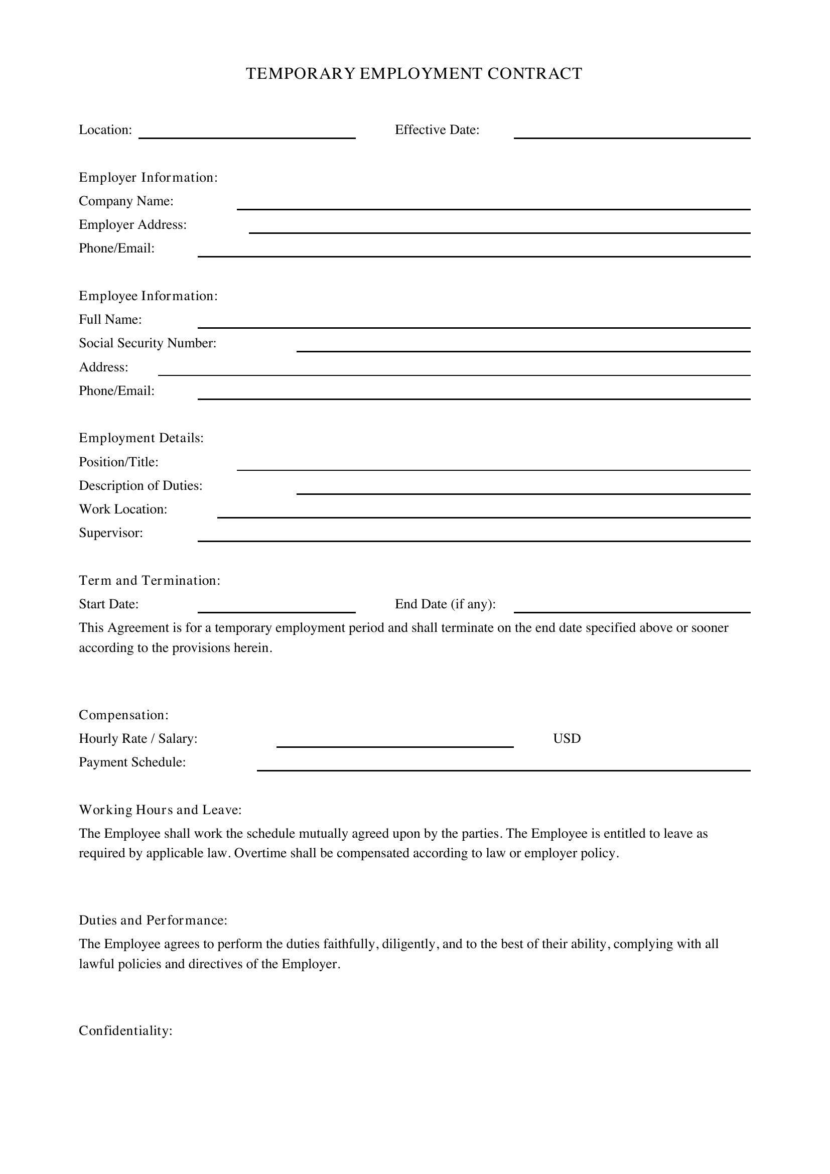Temporary Employment Contract Template - US