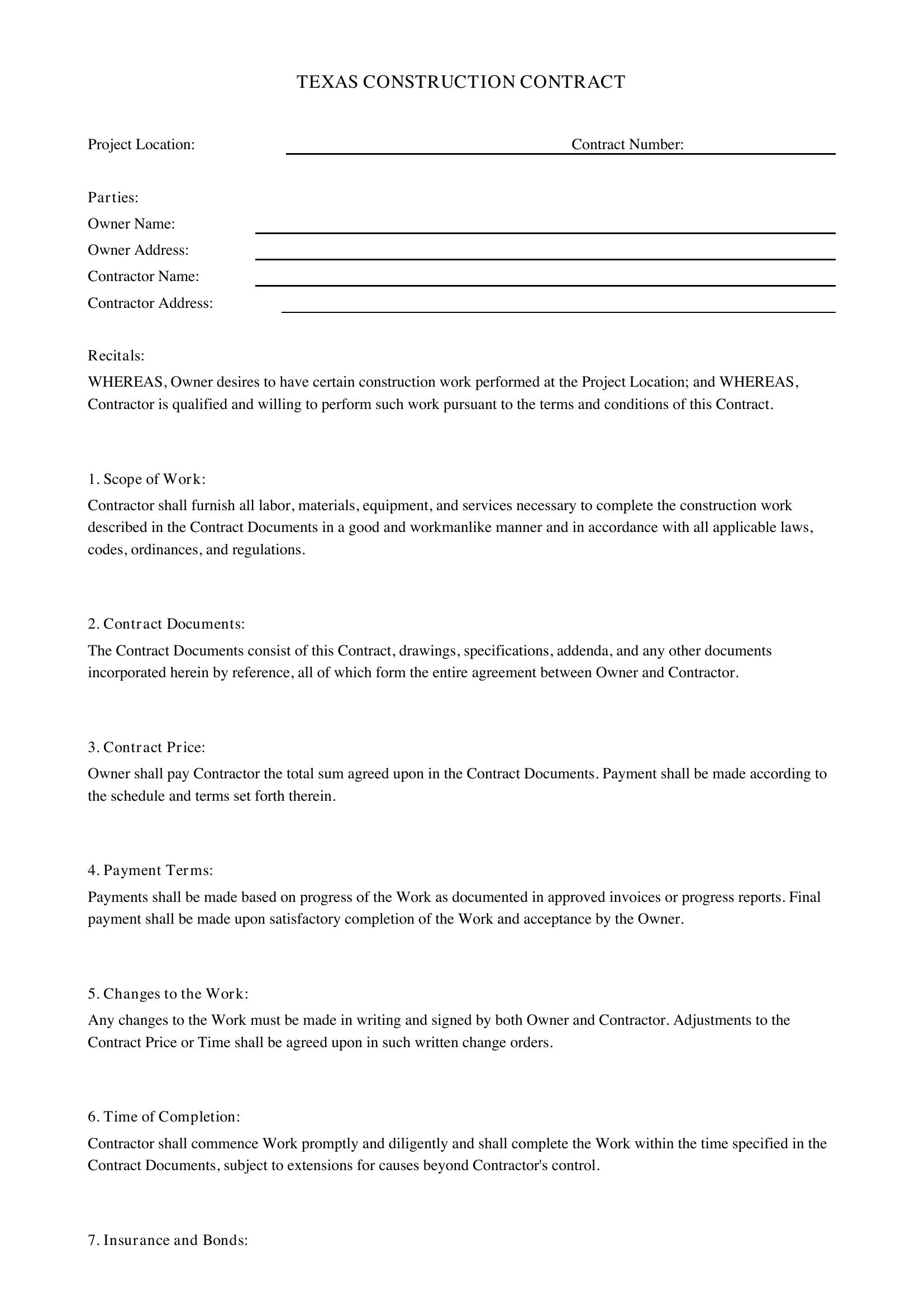 Texas Construction Contract Template - US