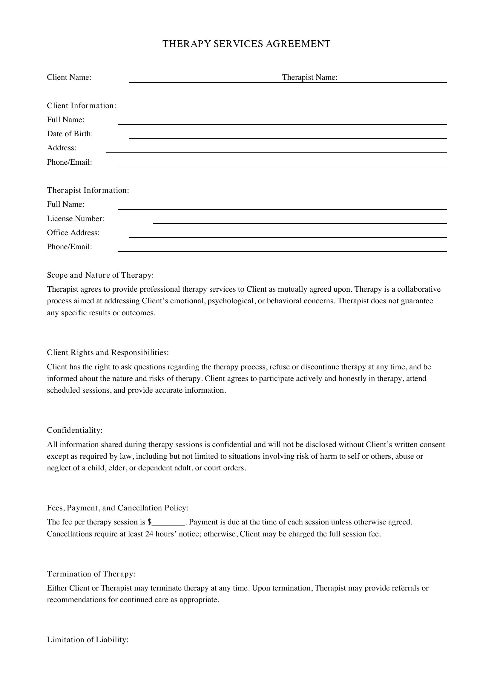 Therapy Contract Template - US