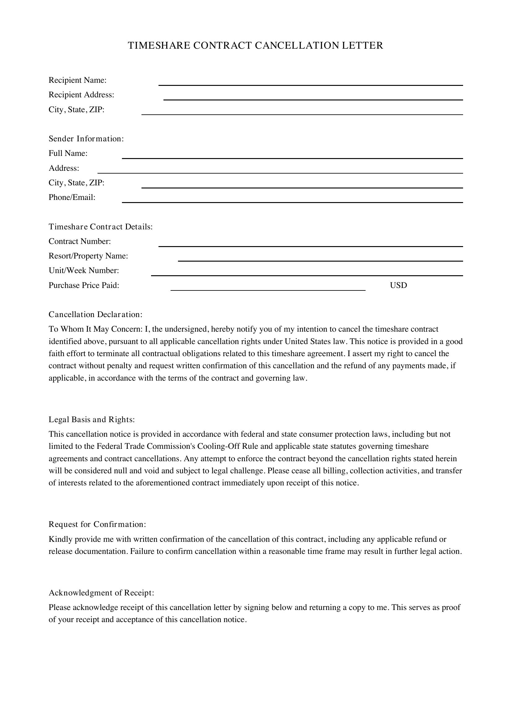 Timeshare Contract Cancellation Letter Template - US