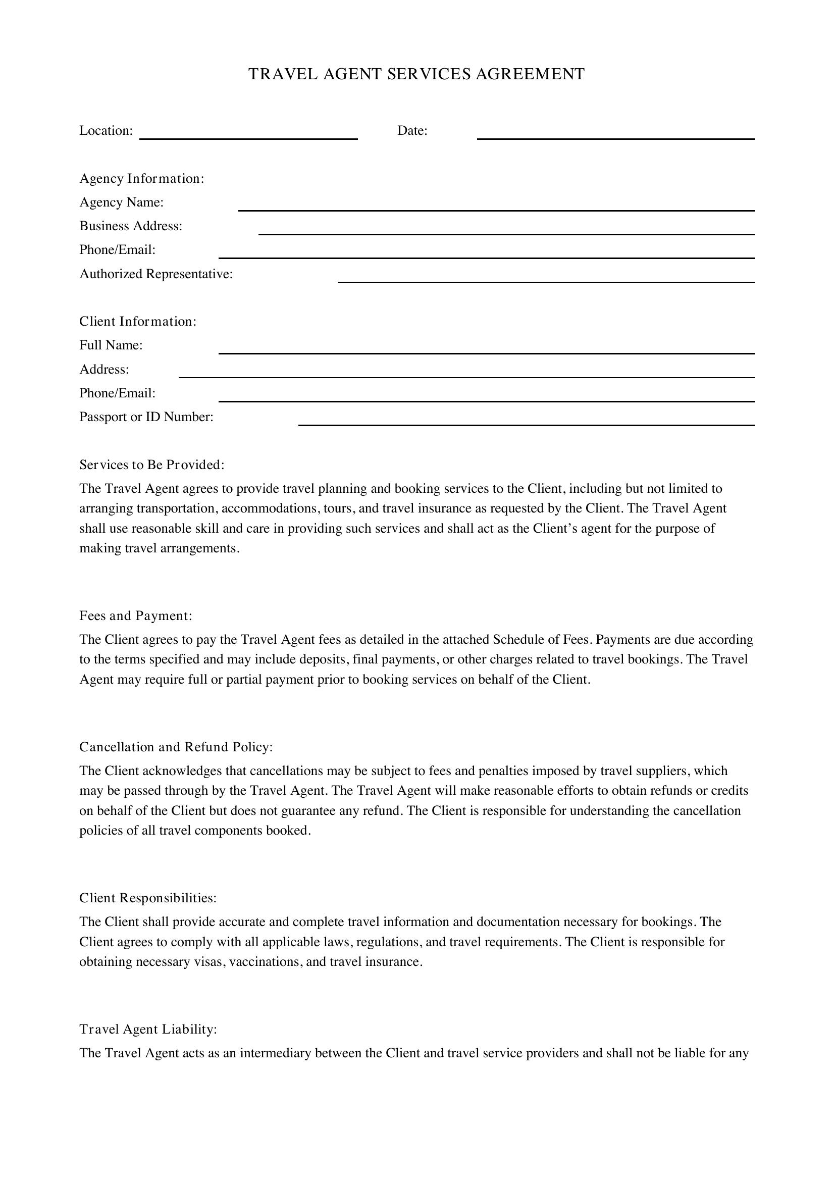 Travel Agent Contract Template - US