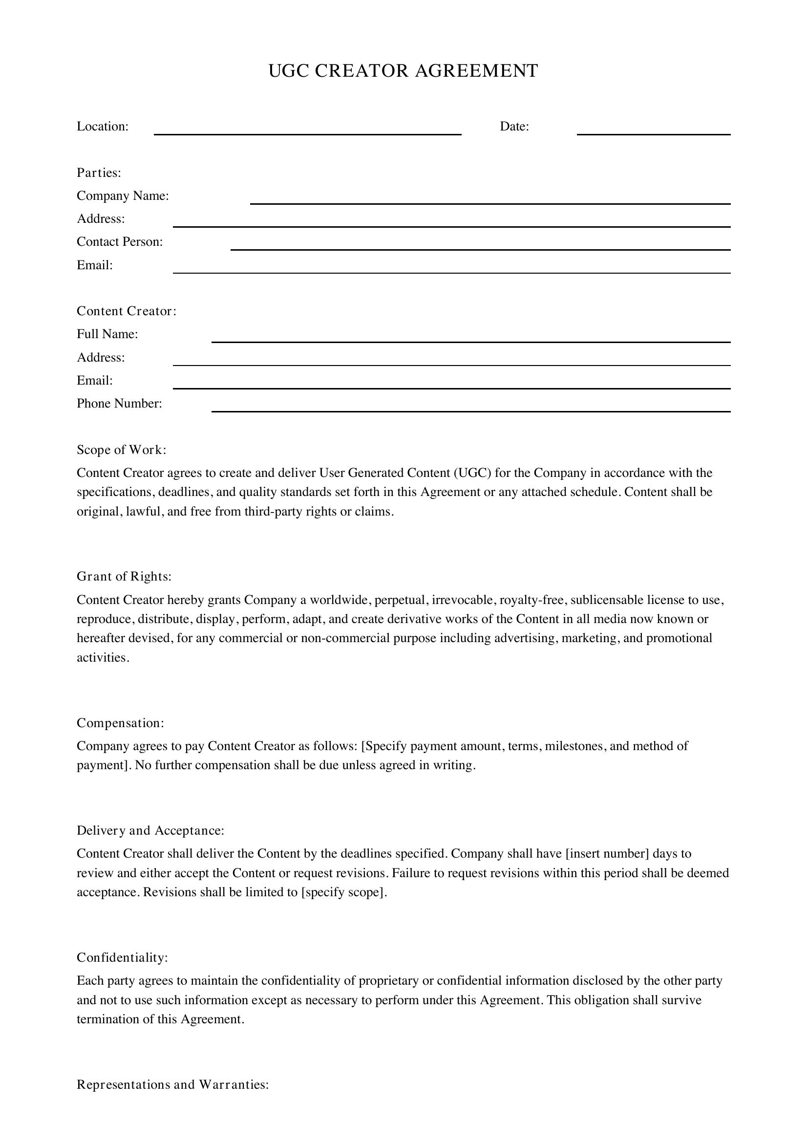 Ugc Creator Contract Template - US