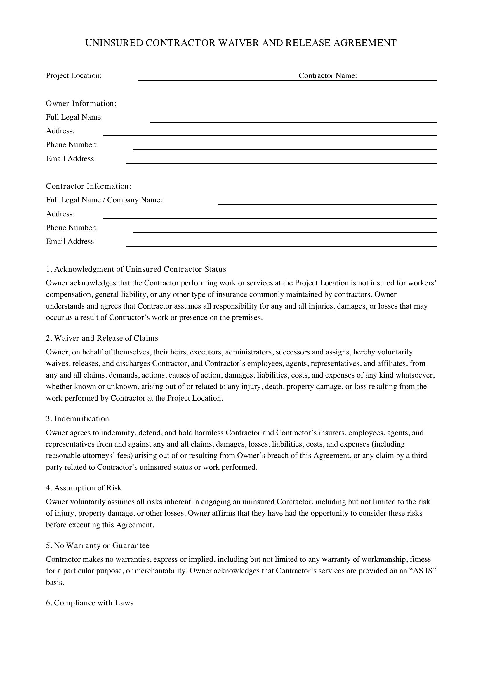 Uninsured Contractor Waiver Form Template - US