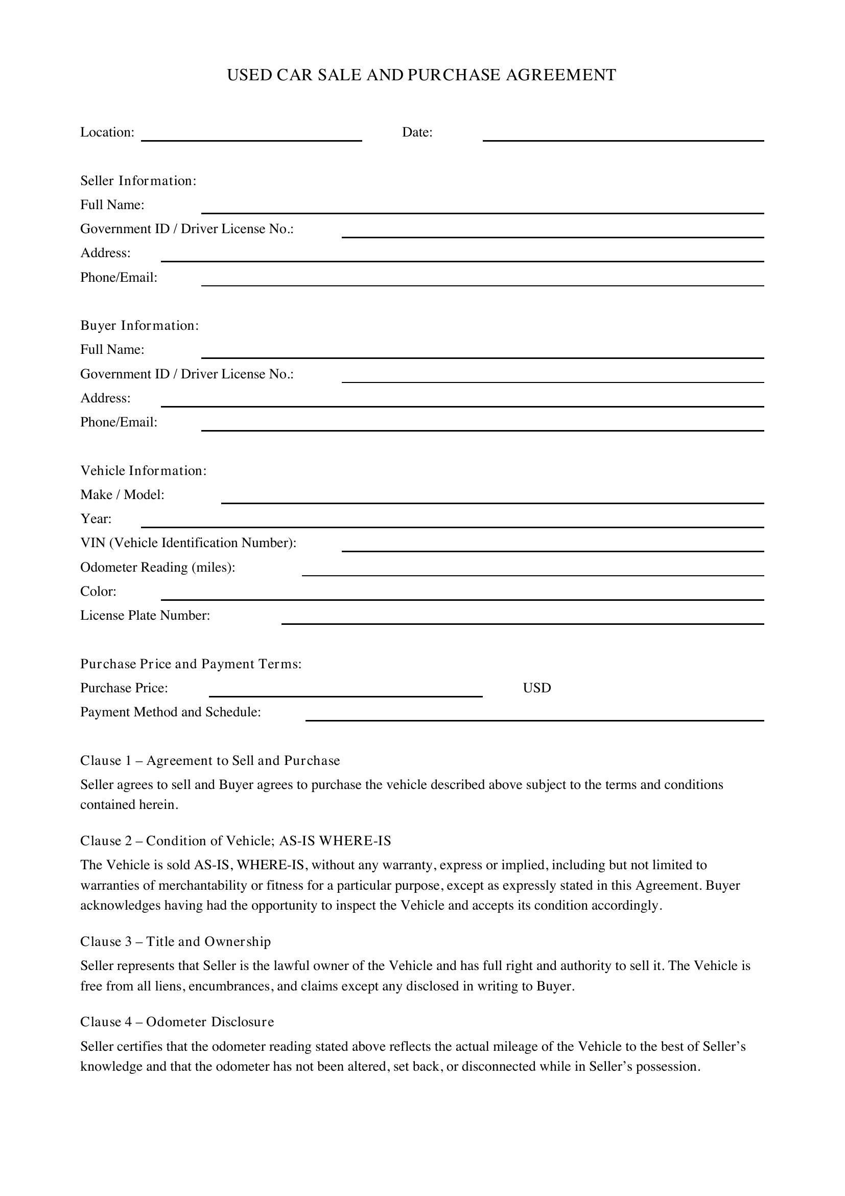 Used Car Sale Contract Template - US